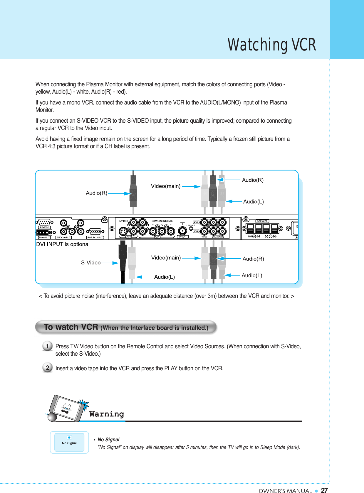 Watching VCR27OWNER&apos;S MANUALPress TV/ Video button on the Remote Control and select Video Sources. (When connection with S-Video,select the S-Video.) Insert a video tape into the VCR and press the PLAY button on the VCR.12•No Signal &quot;No Signal&quot; on display will disappear after 5 minutes, then the TV will go in to Sleep Mode (dark).&lt; To avoid picture noise (interference), leave an adequate distance (over 3m) between the VCR and monitor. &gt;When connecting the Plasma Monitor with external equipment, match the colors of connecting ports (Video - yellow, Audio(L) - white, Audio(R) - red).If you have a mono VCR, connect the audio cable from the VCR to the AUDIO(L/MONO) input of the PlasmaMonitor.If you connect an S-VIDEO VCR to the S-VIDEO input, the picture quality is improved; compared to connecting a regular VCR to the Video input.Avoid having a fixed image remain on the screen for a long period of time. Typically a frozen still picture from aVCR 4:3 picture format or if a CH label is present.To watch VCR (When the Interface board is installed.)