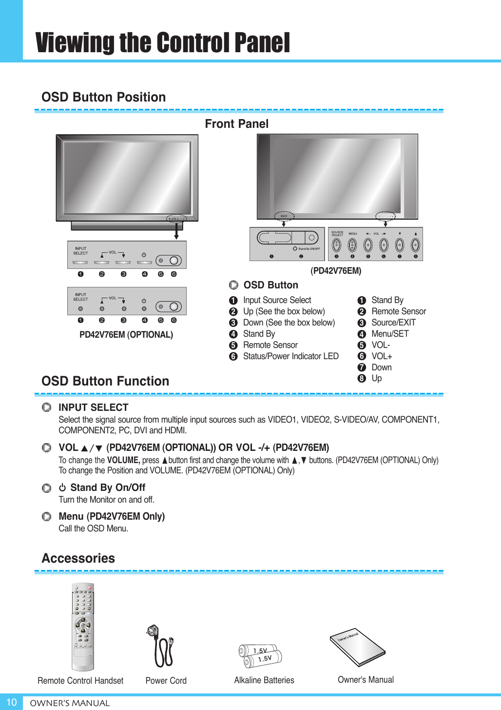 Viewing the Control PanelOWNER&apos;S MANUAL10INPUT SELECTSelect the signal source from multiple input sources such as VIDEO1, VIDEO2, S-VIDEO/AV, COMPONENT1, COMPONENT2, PC, DVI and HDMI.  VOL(PD42V76EM (OPTIONAL)) OR VOL -/+ (PD42V76EM) To  change the VOLUME, press button first and change the volume with ,buttons. (PD42V76EM (OPTIONAL) Only) To  change the Position and VOLUME. (PD42V76EM (OPTIONAL) Only)Stand By On/OffTurn the Monitor on and off.Menu (PD42V76EM Only) Call the OSD Menu.OSD Button PositionOSD Button FunctionAccessoriesRemote Control Handset Power Cord Alkaline Batteries Owner&apos;s ManualMOVE+-VOLMENU/SELECTSOURCEStand ByRemote SensorSource/EXITMenu/SETVOL-VOL+DownUp12345678OSD ButtonInput Source SelectUp (See the box below)Down (See the box below)Stand ByRemote SensorStatus/Power Indicator LED123456Front Panel(PD42V76EM)PD42V76EM (OPTIONAL) 