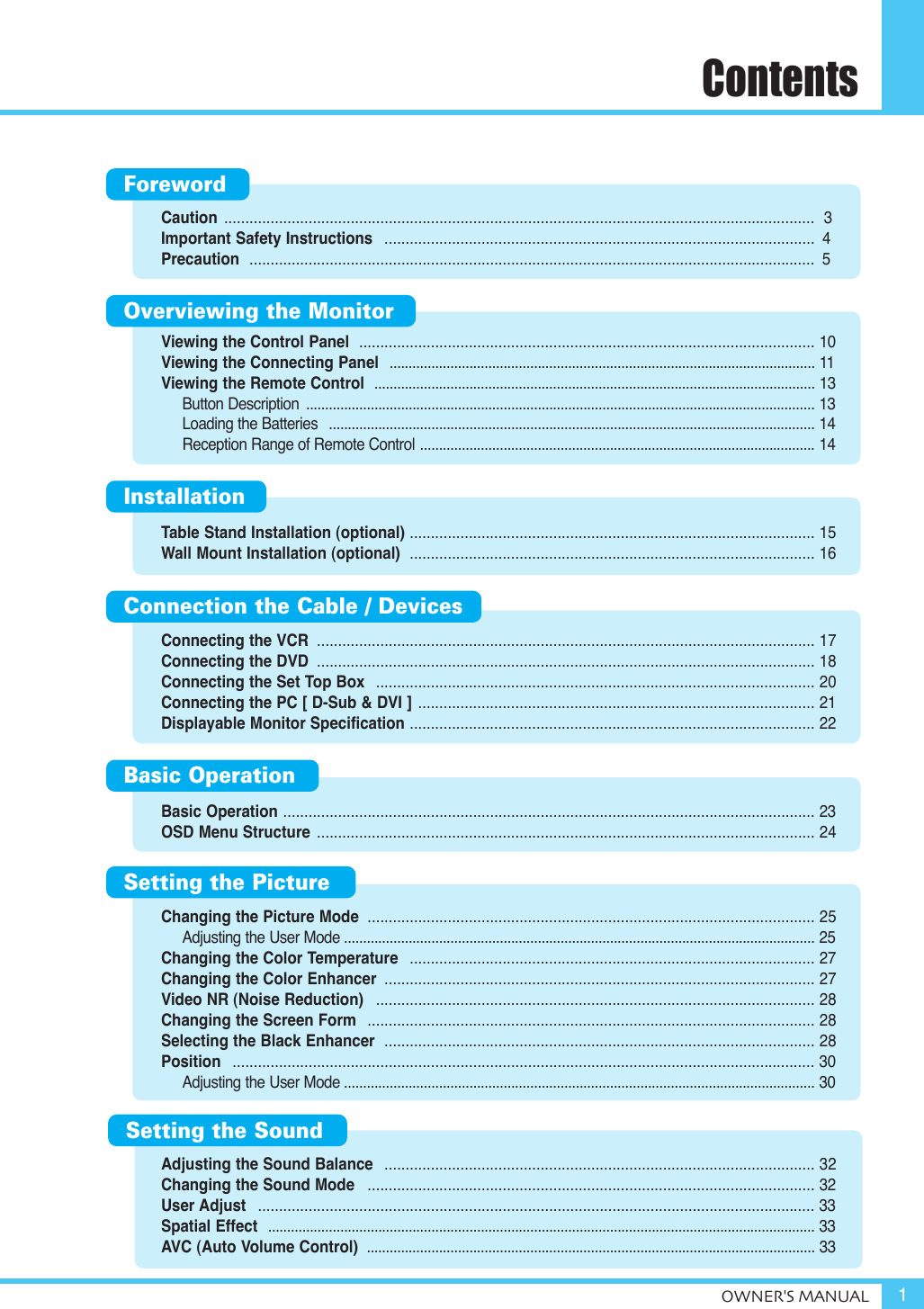 ContentsOWNER&apos;S MANUAL 1ForewordOverviewing the MonitorBasic OperationConnection the Cable / DevicesInstallationSetting the PictureSetting the SoundCaution  ............................................................................................................................................ 3Important Safety Instructions  ...................................................................................................... 4Precaution  ...................................................................................................................................... 5Viewing the Control Panel ............................................................................................................ 10Viewing the Connecting Panel  ................................................................................................................ 11Viewing the Remote Control .................................................................................................................... 13Button Description  ...................................................................................................................................... 13Loading the Batteries  ................................................................................................................................ 14Reception Range of Remote Control ........................................................................................................ 14Table Stand Installation (optional) ................................................................................................ 15Wall Mount Installation (optional)  ................................................................................................ 16Connecting the VCR  ...................................................................................................................... 17Connecting the DVD  ...................................................................................................................... 18Connecting the Set Top Box  ........................................................................................................ 20Connecting the PC [ D-Sub &amp; DVI ] .............................................................................................. 21Displayable Monitor Specification ................................................................................................ 22Basic Operation .............................................................................................................................. 23OSD Menu Structure  ...................................................................................................................... 24Changing the Picture Mode  .......................................................................................................... 25Adjusting the User Mode ............................................................................................................................ 25Changing the Color Temperature  ................................................................................................ 27Changing the Color Enhancer  ...................................................................................................... 27Video NR (Noise Reduction)  ........................................................................................................ 28Changing the Screen Form  .......................................................................................................... 28Selecting the Black Enhancer  ...................................................................................................... 28Position  .......................................................................................................................................... 30Adjusting the User Mode ............................................................................................................................ 30Adjusting the Sound Balance  ...................................................................................................... 32Changing the Sound Mode  .......................................................................................................... 32User Adjust .................................................................................................................................... 33Spatial Effect  ................................................................................................................................................ 33AVC (Auto Volume Control) ...................................................................................................................... 33