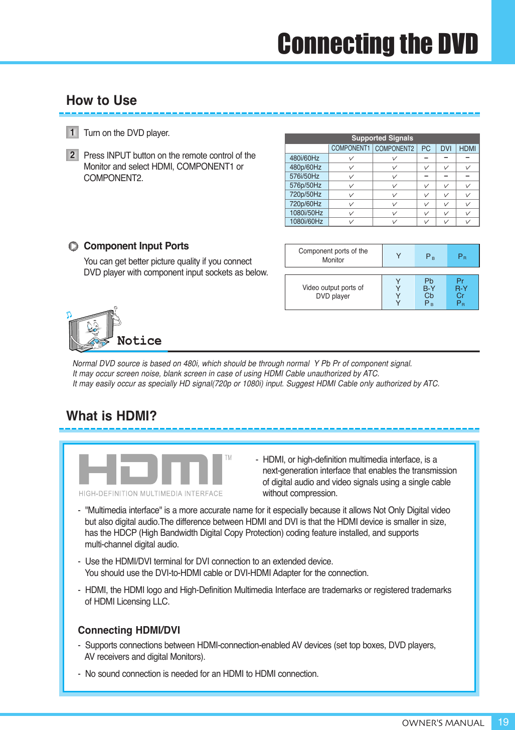Connecting the DVDOWNER&apos;S MANUAL 19How to Use12480i/60Hz480p/60Hz576i/50Hz576p/50Hz720p/50Hz720p/60Hz1080i/50Hz1080i/60HzCOMPONENT1 COMPONENT2PC DVI HDMIVideo output ports of DVD playerYYYYPbB-YCbPPrR-YCrPYPPComponent ports of the MonitorBRBRSupported Signals––––––Turn on the DVD player. Press INPUT button on the remote control of theMonitor and select HDMI, COMPONENT1 or COMPONENT2.Component Input PortsYou can get better picture quality if you connect DVD player with component input sockets as below.What is HDMI?-  HDMI, or high-definition multimedia interface, is a next-generation interface that enables the transmission of digital audio and video signals using a single cable without compression.-  &quot;Multimedia interface&quot; is a more accurate name for it especially because it allows Not Only Digital video but also digital audio.The difference between HDMI and DVI is that the HDMI device is smaller in size, has the HDCP (High Bandwidth Digital Copy Protection) coding feature installed, and supports multi-channel digital audio.-  Use the HDMI/DVI terminal for DVI connection to an extended device.You should use the DVI-to-HDMI cable or DVI-HDMI Adapter for the connection.-  HDMI, the HDMI logo and High-Definition Multimedia Interface are trademarks or registered trademarks    of HDMI Licensing LLC.Connecting HDMI/DVI-  Supports connections between HDMI-connection-enabled AV devices (set top boxes, DVD players, AV receivers and digital Monitors).-  No sound connection is needed for an HDMI to HDMI connection.  Normal DVD source is based on 480i, which should be through normal  Y Pb Pr of component signal.It may occur screen noise, blank screen in case of using HDMI Cable unauthorized by ATC.It may easily occur as specially HD signal(720p or 1080i) input. Suggest HDMI Cable only authorized by ATC.