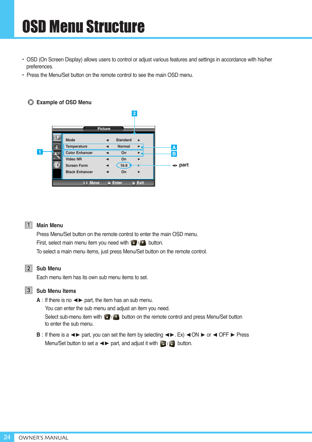 OSD Menu StructureOWNER&apos;S MANUAL24•  OSD (On Screen Display) allows users to control or adjust various features and settings in accordance with his/herpreferences.•  Press the Menu/Set button on the remote control to see the main OSD menu.Example of OSD MenuMain MenuPress Menu/Set button on the remote control to enter the main OSD menu.First, select main menu item you need with  button.To  select a main menu items, just press Menu/Set button on the remote control.Sub MenuEach menu item has its own sub menu items to set.Sub Menu ItemsA:  If there is no ¥ part, the item has an sub menu.You can enter the sub menu and adjust an item you need.Select sub-menu item with button on the remote control and press Menu/Set button to enter the sub menu.B:If there is a ¥ part, you can set the item by selecting ¥. Ex) ¥ON or ¥OFF Press Menu/Set button to set a ¥ part, and adjust it with button.PictureModeTemperatureColor EnhancerVideo NRScreen FormBlack EnhancerStandardNormalOnOn 16:9On¥¥¥¥¥¥Move           Enter         ExitAB21¥part123