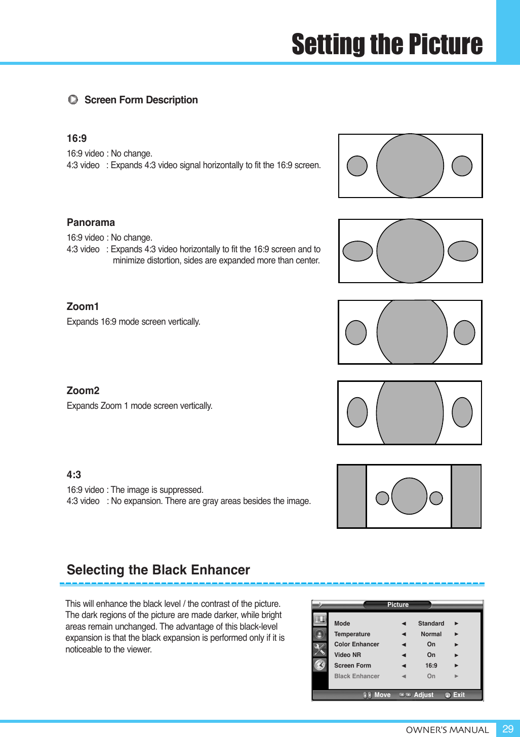 Setting the PictureOWNER&apos;S MANUAL 29Screen Form Description16:916:9 video : No change.4:3 video   : Expands 4:3 video signal horizontally to fit the 16:9 screen.Panorama16:9 video : No change.4:3 video   : Expands 4:3 video horizontally to fit the 16:9 screen and to minimize distortion, sides are expanded more than center.Zoom1Expands 16:9 mode screen vertically.Zoom2Expands Zoom 1 mode screen vertically.4:316:9 video : The image is suppressed.4:3 video  : No expansion. There are gray areas besides the image.This will enhance the black level / the contrast of the picture. The dark regions of the picture are made darker, while bright areas remain unchanged. The advantage of this black-level expansion is that the black expansion is performed only if it is noticeable to the viewer.Selecting the Black EnhancerPictureModeTemperatureColor EnhancerVideo NRScreen FormBlack EnhancerStandardNormalOnOn16:9On¥¥¥¥¥¥Move           Adjust          Exit