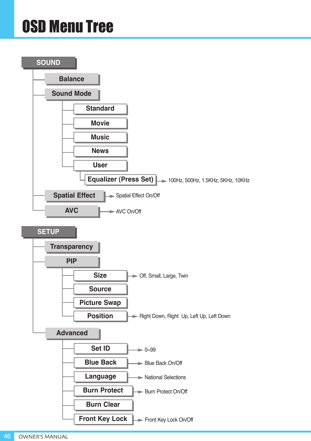 OSD Menu TreeOWNER&apos;S MANUAL46SOUNDBalanceSound ModeSpatial EffectAVCStandardMovieMusicNewsUserEqualizer (Press Set)100Hz, 500Hz, 1.5KHz, 5KHz, 10KHzSpatial Effect On/OffAVC On/OffSETUPTransparencyPIPSizeSourcePicture SwapPositionRight Down, Right  Up, Left Up, Left DownOff, Small, Large, Twin0~99Blue Back On/OffNational SelectionsAdvancedSet IDBlue BackLanguageBurn ProtectBurn Protect On/OffBurn ClearFront Key Lock On/OffFront Key Lock