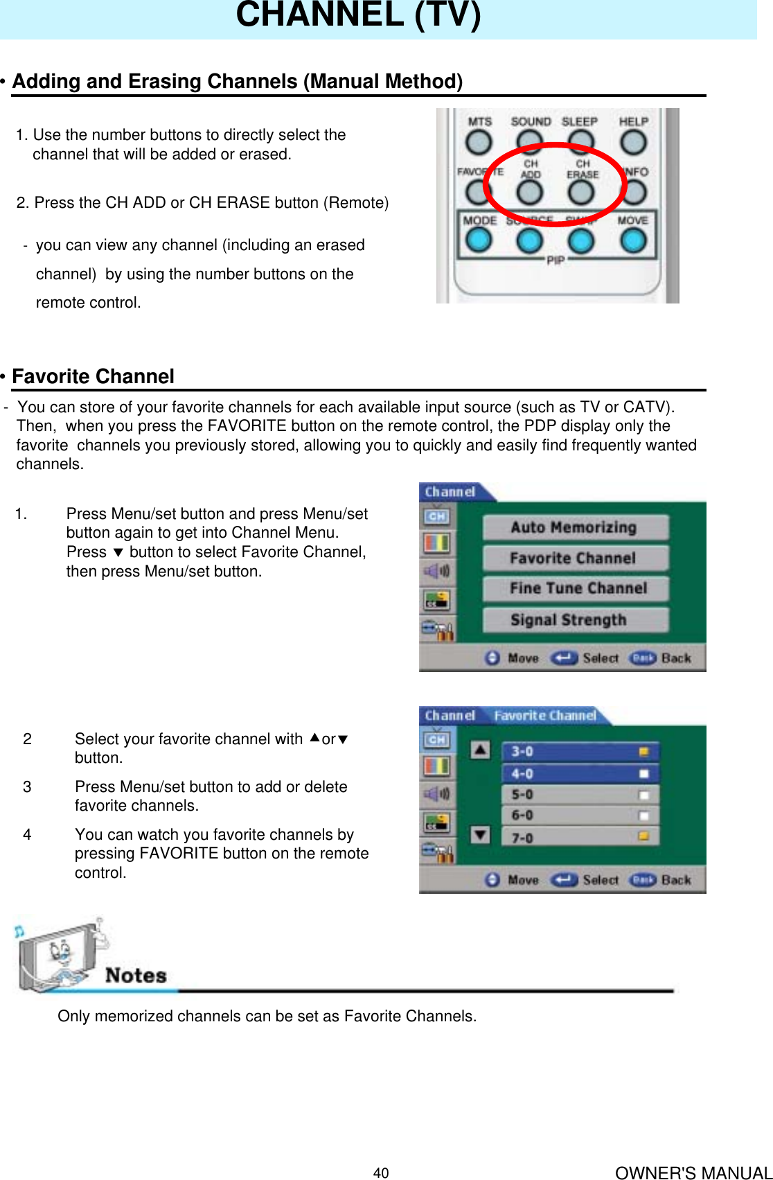 OWNER&apos;S MANUAL40CHANNEL (TV)•Adding and Erasing Channels (Manual Method)1. Use the number buttons to directly select the   channel that will be added or erased.2. Press the CH ADD or CH ERASE button (Remote)•Favorite Channel- You can store of your favorite channels for each available input source (such as TV or CATV).Then,  when you press the FAVORITE button on the remote control, the PDP display only thefavorite  channels you previously stored, allowing you to quickly and easily find frequently wantedchannels.-you can view any channel (including an erased channel)  by using the number buttons on theremote control.1. Press Menu/set button and press Menu/set button again to get into Channel Menu. Press dbutton to select Favorite Channel, then press Menu/set button.2 Select your favorite channel with cordbutton.3 Press Menu/set button to add or delete favorite channels.4 You can watch you favorite channels by pressing FAVORITE button on the remote control.Only memorized channels can be set as Favorite Channels.