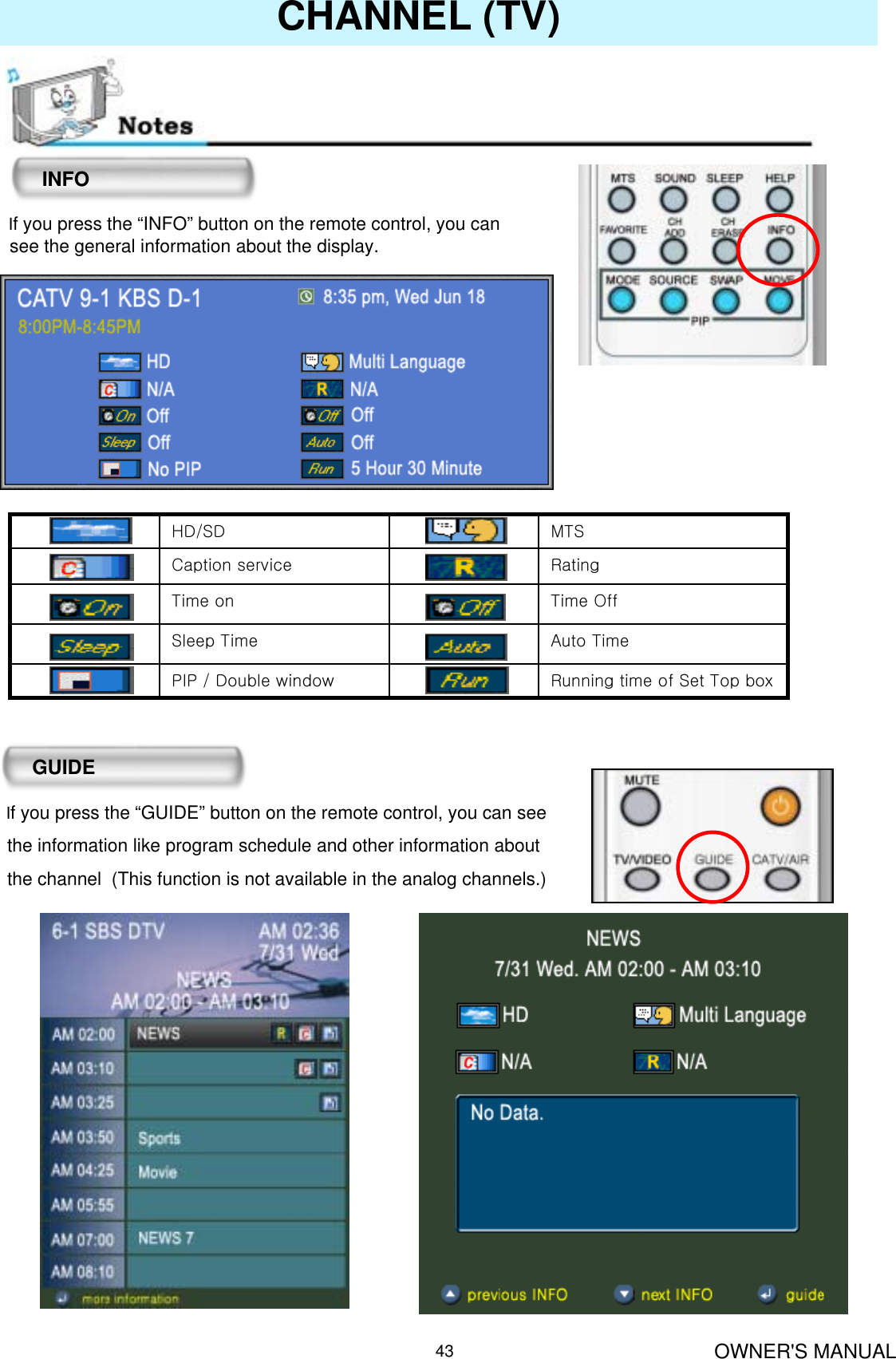 OWNER&apos;S MANUAL43CHANNEL (TV)If you press the “INFO” button on the remote control, you can see the general information about the display.INFOIf you press the “GUIDE” button on the remote control, you can see the information like program schedule and other information about the channel  (This function is not available in the analog channels.)GUIDERunning time of Set Top boxPIP / Double windowAuto TimeSleep TimeTime OffTime onRatingCaption serviceMTSHD/SD