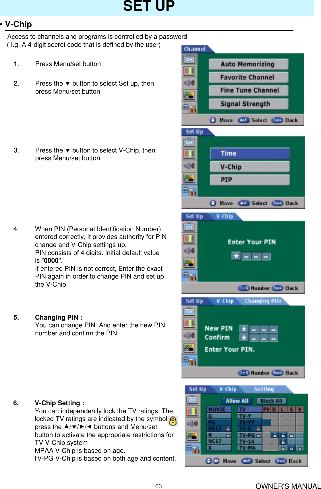 OWNER&apos;S MANUAL63SET UP•V-Chip- Access to channels and programs is controlled by a password ( I.g. A 4-digit secret code that is defined by the user)1. Press Menu/set button 2. Press the dbutton to select Set up, then press Menu/set button3. Press the dbutton to select V-Chip, then press Menu/set button4. When PIN (Personal Identification Number) entered correctly, it provides authority for PIN change and V-Chip settings up.PIN consists of 4 digits. Initial default value is &quot;0000&quot;.If entered PIN is not correct, Enter the exact PIN again in order to change PIN and set up the V-Chip.5. Changing PIN :You can change PIN. And enter the new PIN number and confirm the PIN6. V-Chip Setting :You can independently lock the TV ratings. The locked TV ratings are indicated by the symbol press the c/d/f/ebuttons and Menu/set button to activate the appropriate restrictions for TV V-Chip systemMPAA V-Chip is based on age.TV-PG V-Chip is based on both age and content.