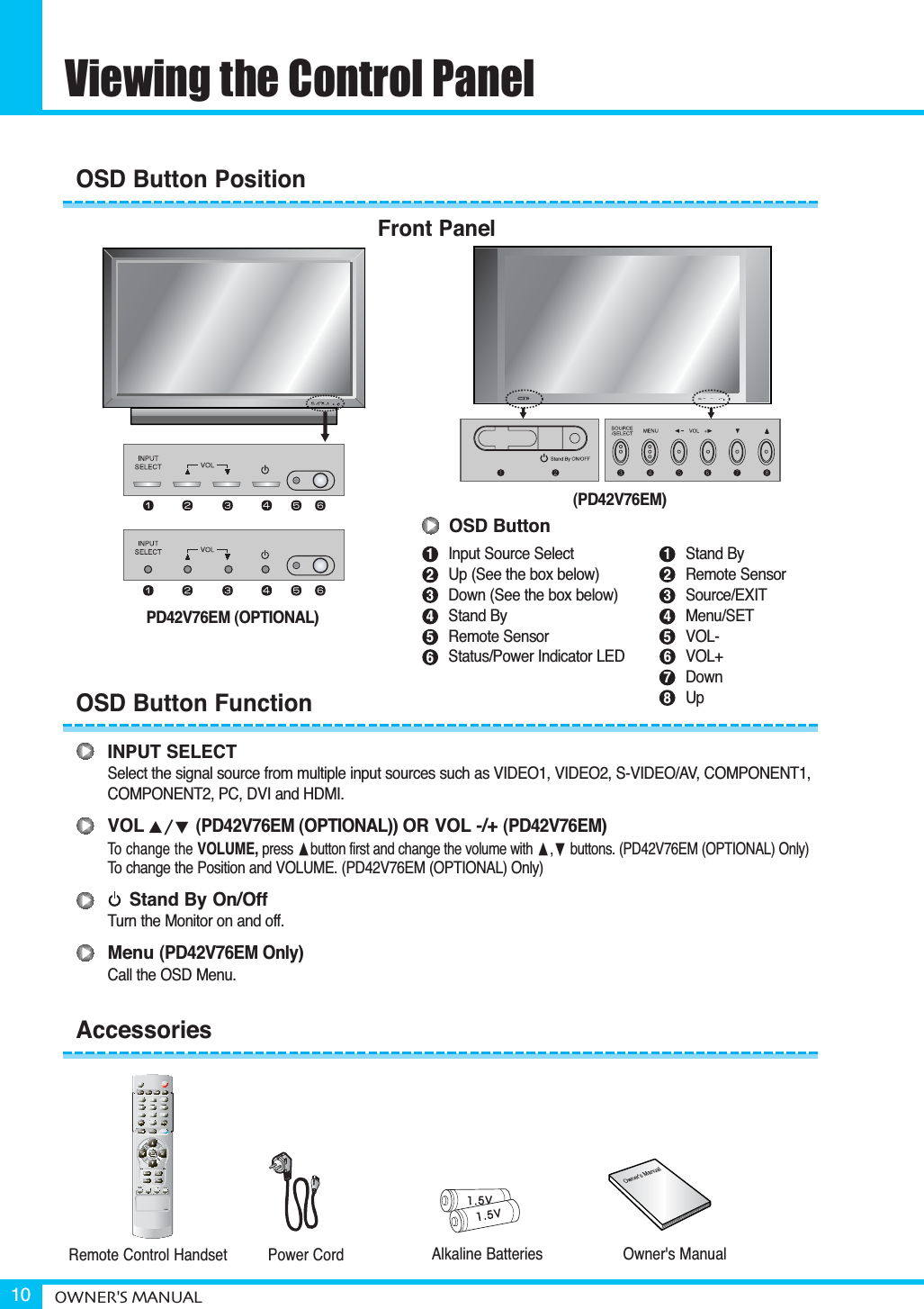 Viewing the Control PanelOWNER&apos;S MANUAL10INPUT SELECTSelect the signal source from multiple input sources such as VIDEO1, VIDEO2, S-VIDEO/AV, COMPONENT1, COMPONENT2, PC, DVI and HDMI.VOL(PD42V76EM (OPTIONAL)) OR VOL -/+ (PD42V76EM)To change the VOLUME, press button first and change the volume with ,buttons. (PD42V76EM (OPTIONAL) Only) To change the Position and VOLUME. (PD42V76EM (OPTIONAL) Only)Stand By On/OffTurn the Monitor on and off.Menu(PD42V76EM Only) Call the OSD Menu.OSD Button PositionOSD Button FunctionAccessoriesRemote Control Handset Power Cord Alkaline Batteries Owner&apos;s ManualMOVE+-VOLMENU/SELECTSOURCEStand ByRemote SensorSource/EXITMenu/SETVOL-VOL+DownUp12345678OSD ButtonInput Source SelectUp (See the box below)Down (See the box below)Stand ByRemote SensorStatus/Power Indicator LED123456Front Panel(PD42V76EM)PD42V76EM (OPTIONAL) 