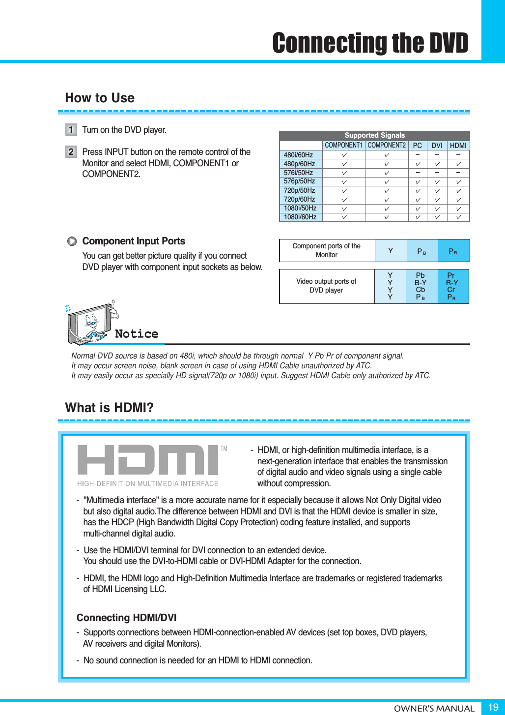 Connecting the DVDOWNER&apos;S MANUAL 19How to Use12480i/60Hz480p/60Hz576i/50Hz576p/50Hz720p/50Hz720p/60Hz1080i/50Hz1080i/60HzCOMPONENT1 COMPONENT2PC DVI HDMIVideo output ports of DVD playerYYYYPbB-YCbPPrR-YCrPYPPComponent ports of the MonitorBRBRSupported Signals––––––Turn on the DVD player. Press INPUT button on the remote control of theMonitor and select HDMI, COMPONENT1 or COMPONENT2.Component Input PortsYou can get better picture quality if you connect DVD player with component input sockets as below.What is HDMI?-  HDMI, or high-definition multimedia interface, is a next-generation interface that enables the transmission of digital audio and video signals using a single cable without compression.-  &quot;Multimedia interface&quot; is a more accurate name for it especially because it allows Not Only Digital video but also digital audio.The difference between HDMI and DVI is that the HDMI device is smaller in size, has the HDCP (High Bandwidth Digital Copy Protection) coding feature installed, and supports multi-channel digital audio.-  Use the HDMI/DVI terminal for DVI connection to an extended device.You should use the DVI-to-HDMI cable or DVI-HDMI Adapter for the connection.-  HDMI, the HDMI logo and High-Definition Multimedia Interface are trademarks or registered trademarksof HDMI Licensing LLC.Connecting HDMI/DVI-  Supports connections between HDMI-connection-enabled AV devices (set top boxes, DVD players, AV receivers and digital Monitors).-  No sound connection is needed for an HDMI to HDMI connection.Normal DVD source is based on 480i, which should be through normal  Y Pb Pr of component signal.It may occur screen noise, blank screen in case of using HDMI Cable unauthorized by ATC.It may easily occur as specially HD signal(720p or 1080i) input. Suggest HDMI Cable only authorized by ATC.