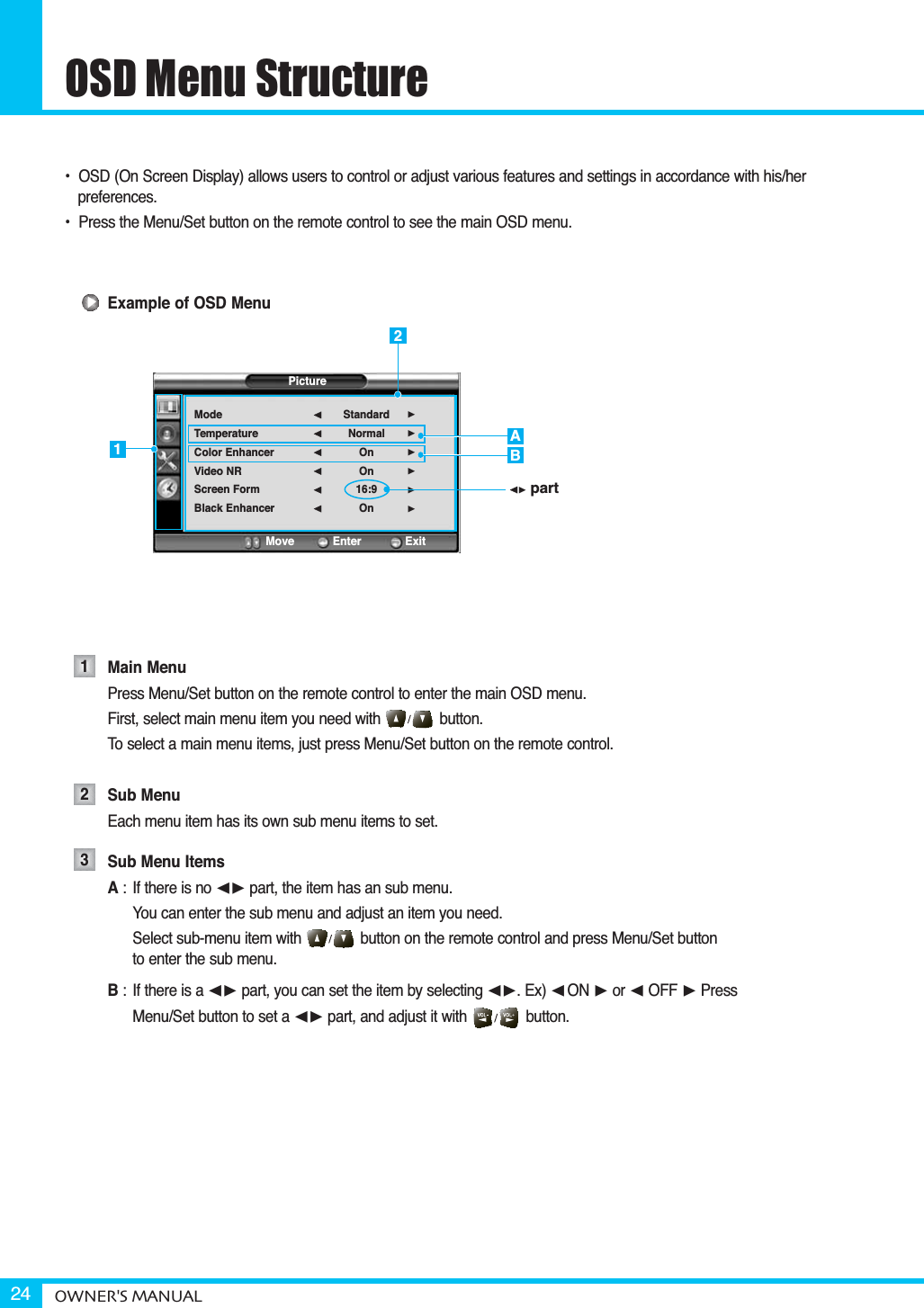 OSD Menu StructureOWNER&apos;S MANUAL24•  OSD (On Screen Display) allows users to control or adjust various features and settings in accordance with his/herpreferences.•  Press the Menu/Set button on the remote control to see the main OSD menu.Example of OSD MenuMain MenuPress Menu/Set button on the remote control to enter the main OSD menu.First, select main menu item you need with  button.To select a main menu items, just press Menu/Set button on the remote control.Sub MenuEach menu item has its own sub menu items to set.Sub Menu ItemsA:  If there is no ¥ part, the item has an sub menu.You can enter the sub menu and adjust an item you need.Select sub-menu item with button on the remote control and press Menu/Set button to enter the sub menu.B: If there is a ¥ part, you can set the item by selecting ¥. Ex) ¥ON or ¥OFF PressMenu/Set button to set a ¥ part, and adjust it with button.PictureModeTemperatureColor EnhancerVideo NRScreen FormBlack EnhancerStandardNormalOnOn16:9On¥¥¥¥¥¥Move           Enter         ExitAB21¥part123