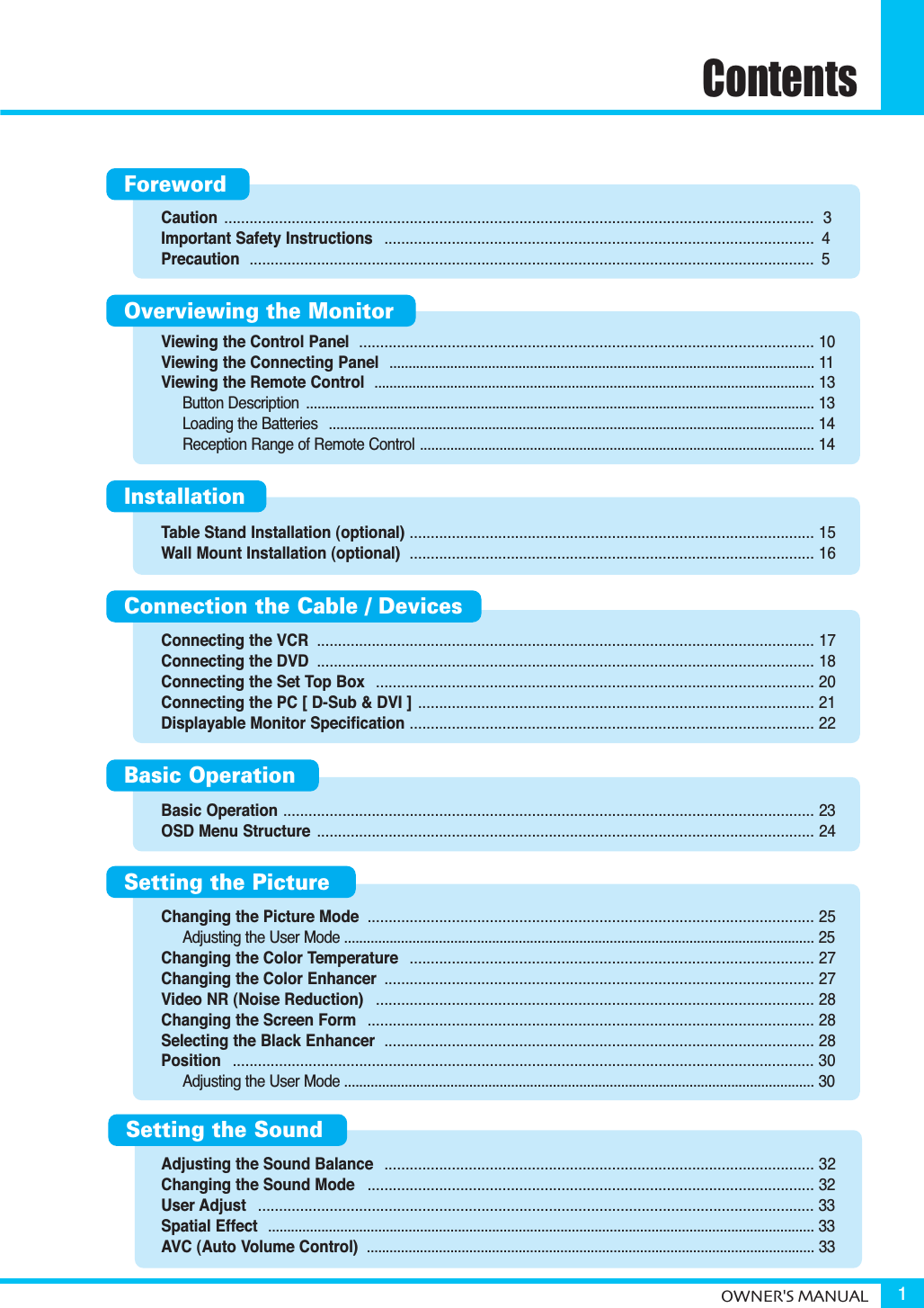 ContentsOWNER&apos;S MANUAL 1ForewordOverviewing the MonitorBasic OperationConnection the Cable / DevicesInstallationSetting the PictureSetting the SoundCaution ............................................................................................................................................ 3Important Safety Instructions  ...................................................................................................... 4Precaution ...................................................................................................................................... 5Viewing the Control Panel ............................................................................................................ 10Viewing the Connecting Panel  ................................................................................................................ 11Viewing the Remote Control .................................................................................................................... 13Button Description  ...................................................................................................................................... 13Loading the Batteries  ................................................................................................................................ 14Reception Range of Remote Control ........................................................................................................ 14Table Stand Installation (optional) ................................................................................................ 15Wall Mount Installation (optional)  ................................................................................................ 16Connecting the VCR  ...................................................................................................................... 17Connecting the DVD  ...................................................................................................................... 18Connecting the Set Top Box  ........................................................................................................ 20Connecting the PC [ D-Sub &amp; DVI ] .............................................................................................. 21Displayable Monitor Specification ................................................................................................ 22Basic Operation .............................................................................................................................. 23OSD Menu Structure  ...................................................................................................................... 24Changing the Picture Mode  .......................................................................................................... 25Adjusting the User Mode ............................................................................................................................ 25Changing the Color Temperature  ................................................................................................ 27Changing the Color Enhancer  ...................................................................................................... 27Video NR (Noise Reduction)  ........................................................................................................ 28Changing the Screen Form  .......................................................................................................... 28Selecting the Black Enhancer  ...................................................................................................... 28Position .......................................................................................................................................... 30Adjusting the User Mode ............................................................................................................................ 30Adjusting the Sound Balance  ...................................................................................................... 32Changing the Sound Mode  .......................................................................................................... 32User Adjust .................................................................................................................................... 33Spatial Effect  ................................................................................................................................................ 33AVC (Auto Volume Control) ...................................................................................................................... 33