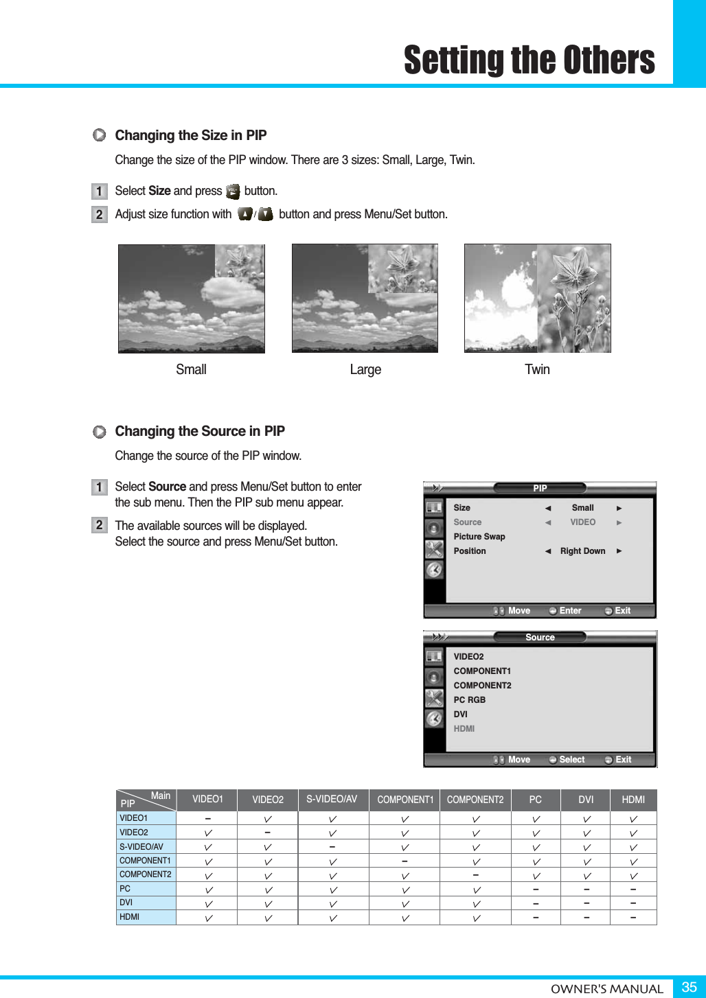 Setting the OthersOWNER&apos;S MANUAL 35Changing the Size in PIPChange the size of the PIP window. There are 3 sizes: Small, Large, Twin.Select Size and press       button.Adjust size function with button and press Menu/Set button. Changing the Source in PIPChange the source of the PIP window.Select Source and press Menu/Set button to enterthe sub menu. Then the PIP sub menu appear.The available sources will be displayed.Select the source and press Menu/Set button.Small Large Twin1212PIPSizeSourcePicture SwapPositionSmallVIDEORight Down¥¥¥Move           Enter         ExitSourceVIDEO2COMPONENT1COMPONENT2PC RGBDVIHDMIMove           Select        ExitVIDEO1VIDEO2S-VIDEO/AVCOMPONENT1COMPONENT2PCDVIHDMIPIP MainVIDEO1 VIDEO2S-VIDEO/AVCOMPONENT1 COMPONENT2PC DVI HDMI––––––––––––––