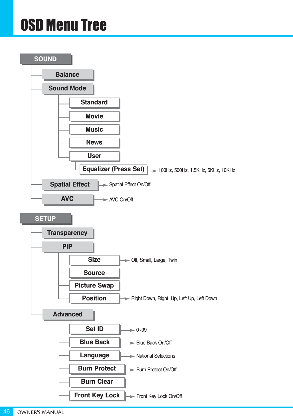 OSD Menu TreeOWNER&apos;S MANUAL46SOUNDBalanceSound ModeSpatial EffectAVCStandardMovieMusicNewsUserEqualizer (Press Set)100Hz, 500Hz, 1.5KHz, 5KHz, 10KHzSpatial Effect On/OffAVC On/OffSETUPTransparencyPIPSizeSourcePicture SwapPositionRight Down, Right  Up, Left Up, Left DownOff, Small, Large, Twin0~99Blue Back On/OffNational SelectionsAdvancedSet IDBlue BackLanguageBurn ProtectBurn Protect On/OffBurn ClearFront Key Lock On/OffFront Key Lock
