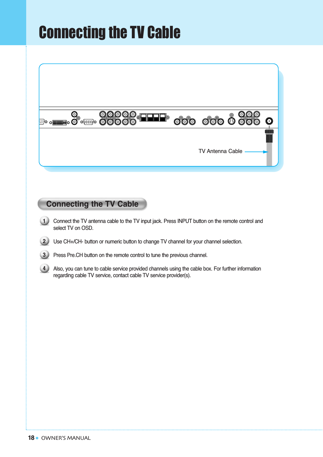 18Connecting the TV CableOWNER&apos;S MANUALConnecting the TV CableConnect the TV antenna cable to the TV input jack. Press INPUT button on the remote control and select TV on OSD.Use CH+/CH- button or numeric button to change TV channel for your channel selection. Press Pre.CH button on the remote control to tune the previous channel.Also, you can tune to cable service provided channels using the cable box. For further information regarding cable TV service, contact cable TV service provider(s).1234TV Antenna Cable