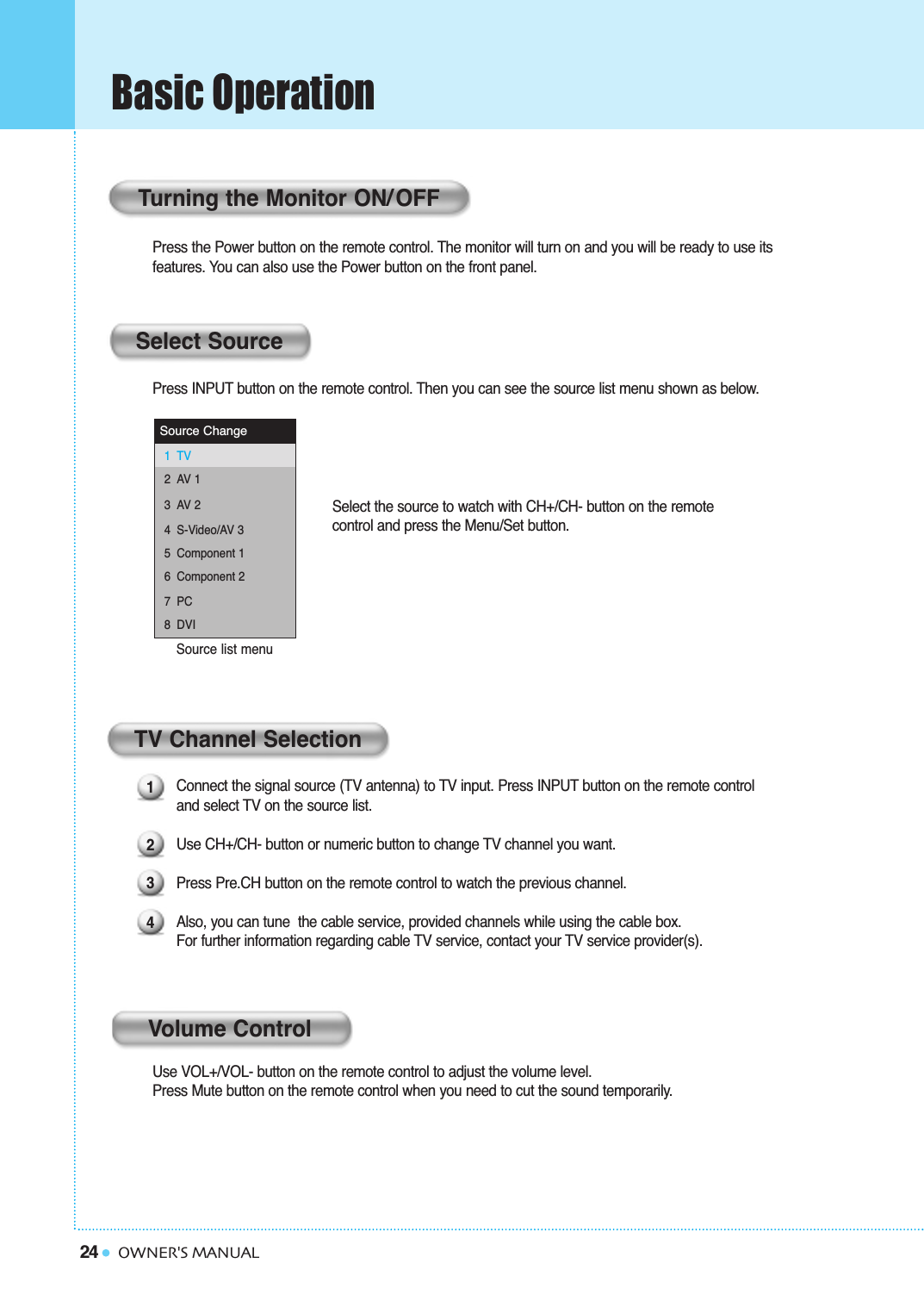 24Basic OperationOWNER&apos;S MANUALPress the Power button on the remote control. The monitor will turn on and you will be ready to use its features. You can also use the Power button on the front panel.Press INPUT button on the remote control. Then you can see the source list menu shown as below.Connect the signal source (TV antenna) to TV input. Press INPUT button on the remote control and select TV on the source list.Use CH+/CH- button or numeric button to change TV channel you want. Press Pre.CH button on the remote control to watch the previous channel. Also, you can tune  the cable service, provided channels while using the cable box. For further information regarding cable TV service, contact your TV service provider(s).Use VOL+/VOL- button on the remote control to adjust the volume level.Press Mute button on the remote control when you need to cut the sound temporarily.Select the source to watch with CH+/CH- button on the remote control and press the Menu/Set button.Source list menu Source ChangeTVAV 1AV 2S-Video/AV 3Component 1Component 2PCDVI12345678Turning the Monitor ON/OFFSelect SourceTV Channel SelectionVolume Control1234