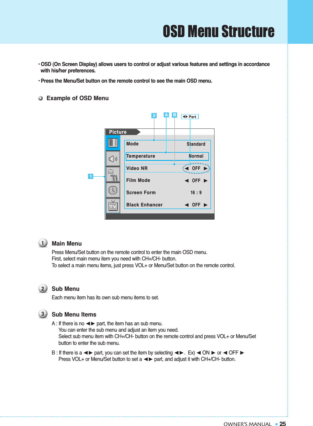 OSD Menu Structure25OWNER&apos;S MANUAL• OSD (On Screen Display) allows users to control or adjust various features and settings in accordance with his/her preferences.• Press the Menu/Set button on the remote control to see the main OSD menu.Example of OSD MenuMain MenuPress Menu/Set button on the remote control to enter the main OSD menu.First, select main menu item you need with CH+/CH- button.To  select a main menu items, just press VOL+ or Menu/Set button on the remote control.Sub MenuEach menu item has its own sub menu items to set.Sub Menu ItemsA: If there is no ➛❿☎part, the item has an sub menu.You can enter the sub menu and adjust an item you need.Select sub menu item with CH+/CH- button on the remote control and press VOL+ or Menu/Set button to enter the sub menu.B : If there is a ➛❿☎part, you can set the item by selecting ➛❿.  Ex) ➛☎ON ❿or ➛☎OFF ❿Press VOL+ or Menu/Set button to set a ➛❿☎part, and adjust it with CH+/CH- button.123PictureModeTemperatureVideo NRFilm ModeScreen FormBlack Enhancer             StandardNormal➛➛☎☎☎☎☎☎OFF  ❿❿➛➛☎☎☎☎☎☎OFF  ❿❿16 : 9➛➛☎☎☎☎☎☎OFF  ❿❿