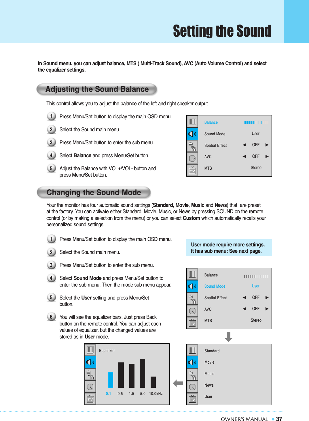 Setting the Sound37OWNER&apos;S MANUALYour the monitor has four automatic sound settings (Standard, Movie, Music and News) that  are preset at the factory. You can activate either Standard, Movie, Music, or News by pressing SOUND on the remote control (or by making a selection from the menu) or you can select Custom which automatically recalls your personalized sound settings.Press Menu/Set button to display the main OSD menu.Select the Sound main menu.Press Menu/Set button to enter the sub menu.Select Sound Mode and press Menu/Set button to enter the sub menu. Then the mode sub menu appear.Select the User setting and press Menu/Set button.You will see the equalizer bars. Just press Back button on the remote control. You can adjust each values of equalizer, but the changed values are stored as in User mode.User mode require more settings.It has sub menu: See next page.In Sound menu, you can adjust balance, MTS ( Multi-Track Sound), AVC (Auto Volume Control) and selectthe equalizer settings.This control allows you to adjust the balance of the left and right speaker output.Press Menu/Set button to display the main OSD menu.Select the Sound main menu.Press Menu/Set button to enter the sub menu. Select Balance and press Menu/Set button. Adjust the Balance with VOL+/VOL- button and  press Menu/Set button.Adjusting the Sound BalanceChanging the Sound Mode12345123456BalanceSound ModeSpatial EffectAVCMTSUser➛☎☎☎☎☎☎OFF     ❿➛☎☎☎☎☎☎OFF     ❿StereoStandard MovieMusicNewsUserBalanceSound ModeSpatial EffectAVCMTSUser➛☎☎☎☎☎☎OFF     ❿➛☎☎☎☎☎☎OFF     ❿Stereo0.1 0.5     1.5     5.0   10.0kHzEqualizer