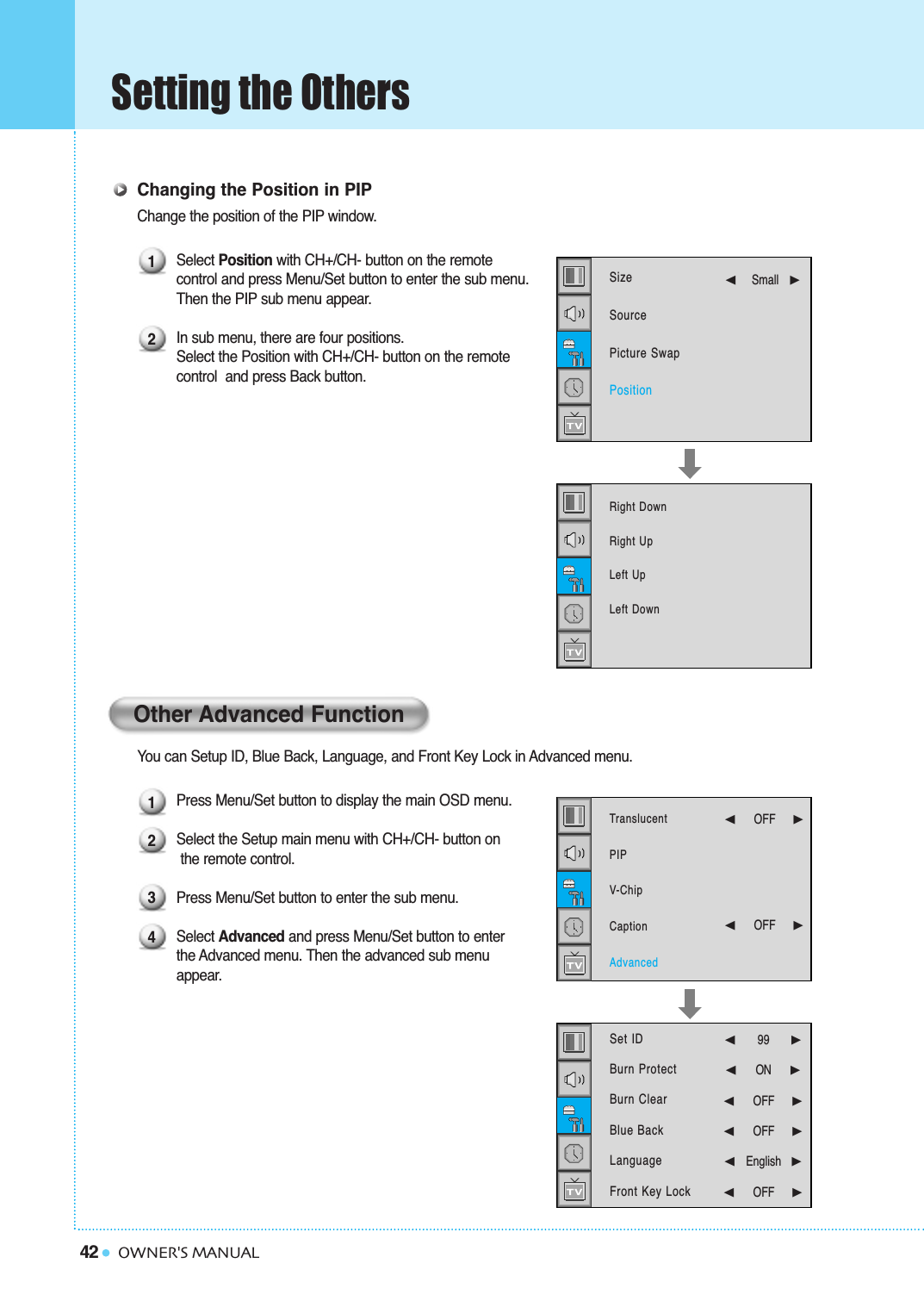 42Setting the OthersOWNER&apos;S MANUALChanging the Position in PIPChange the position of the PIP window.Select Position with CH+/CH- button on the remotecontrol and press Menu/Set button to enter the sub menu.Then the PIP sub menu appear.In sub menu, there are four positions. Select the Position with CH+/CH- button on the remote control  and press Back button.You can Setup ID, Blue Back, Language, and Front Key Lock in Advanced menu.Press Menu/Set button to display the main OSD menu.Select the Setup main menu with CH+/CH- button on the remote control. Press Menu/Set button to enter the sub menu. Select Advanced and press Menu/Set button to enter the Advanced menu. Then the advanced sub menu appear.Other Advanced Function121234Right DownRight UpLeft UpLeft DownSizeSourcePicture SwapPosition➛☎☎☎☎☎Small   ❿TranslucentPIPV-ChipCaptionAdvanced➛☎☎☎☎☎☎OFF     ❿➛☎☎☎☎☎☎OFF     ❿Set IDBurn ProtectBurn ClearBlue BackLanguageFront Key Lock  ➛99   ❿➛☎☎☎☎☎☎☎ON      ❿➛☎☎☎☎☎☎OFF     ❿➛☎☎☎☎☎☎OFF     ❿➛English❿➛☎☎☎☎☎☎OFF     ❿