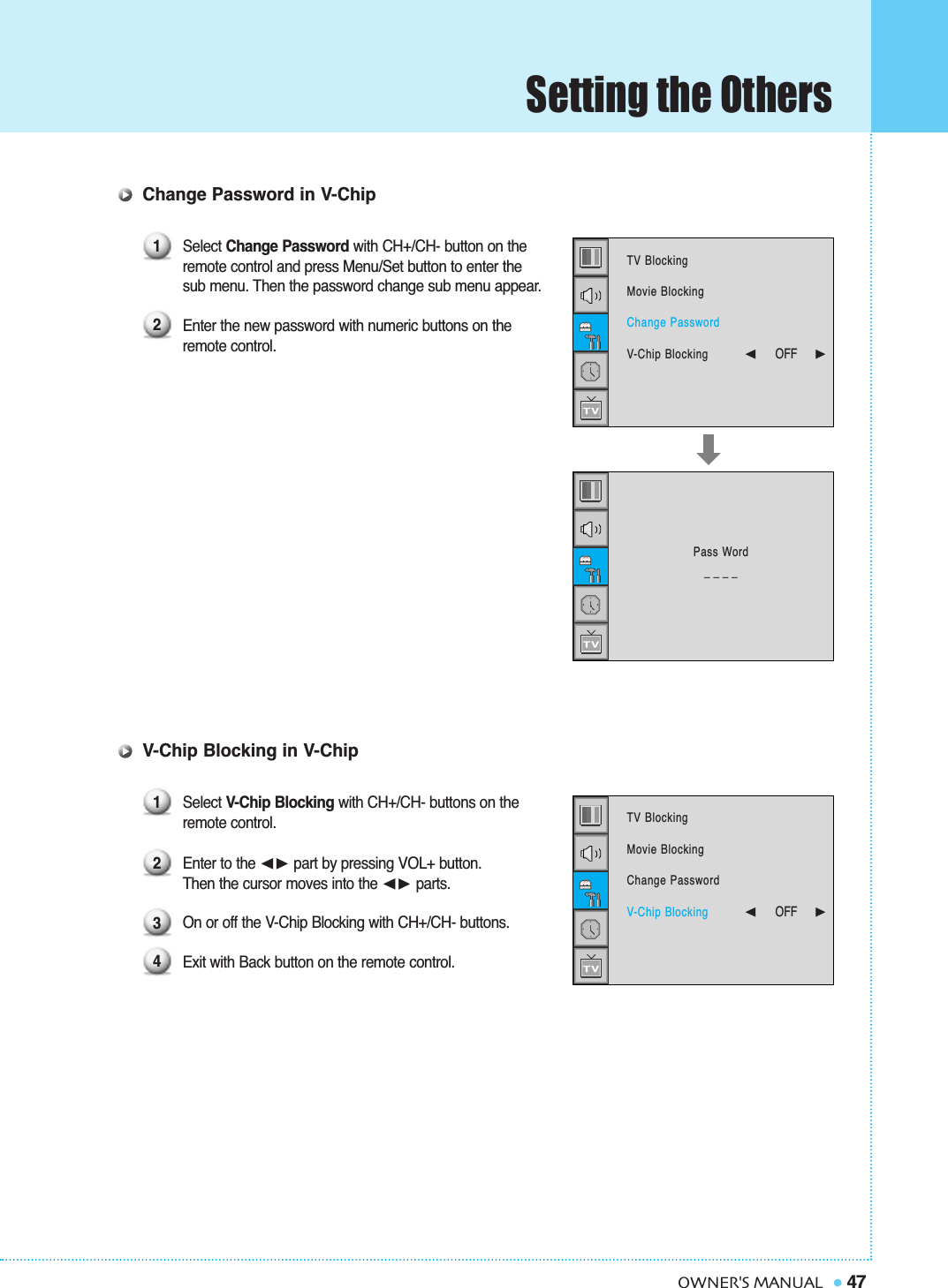 47OWNER&apos;S MANUALSetting the OthersChange Password in V-ChipSelect Change Password with CH+/CH- button on the remote control and press Menu/Set button to enter thesub menu. Then the password change sub menu appear.Enter the new password with numeric buttons on the remote control.V-Chip Blocking in V-ChipSelect V-Chip Blocking with CH+/CH- buttons on the remote control.Enter to the ➛❿ part by pressing VOL+ button. Then the cursor moves into the ➛❿ parts.On or off the V-Chip Blocking with CH+/CH- buttons. Exit with Back button on the remote control. 121234TV BlockingMovie BlockingChange PasswordV-Chip Blocking➛☎☎☎☎☎☎OFF     ❿TV BlockingMovie BlockingChange PasswordV-Chip Blocking➛☎☎☎☎☎☎OFF     ❿Pass Word____