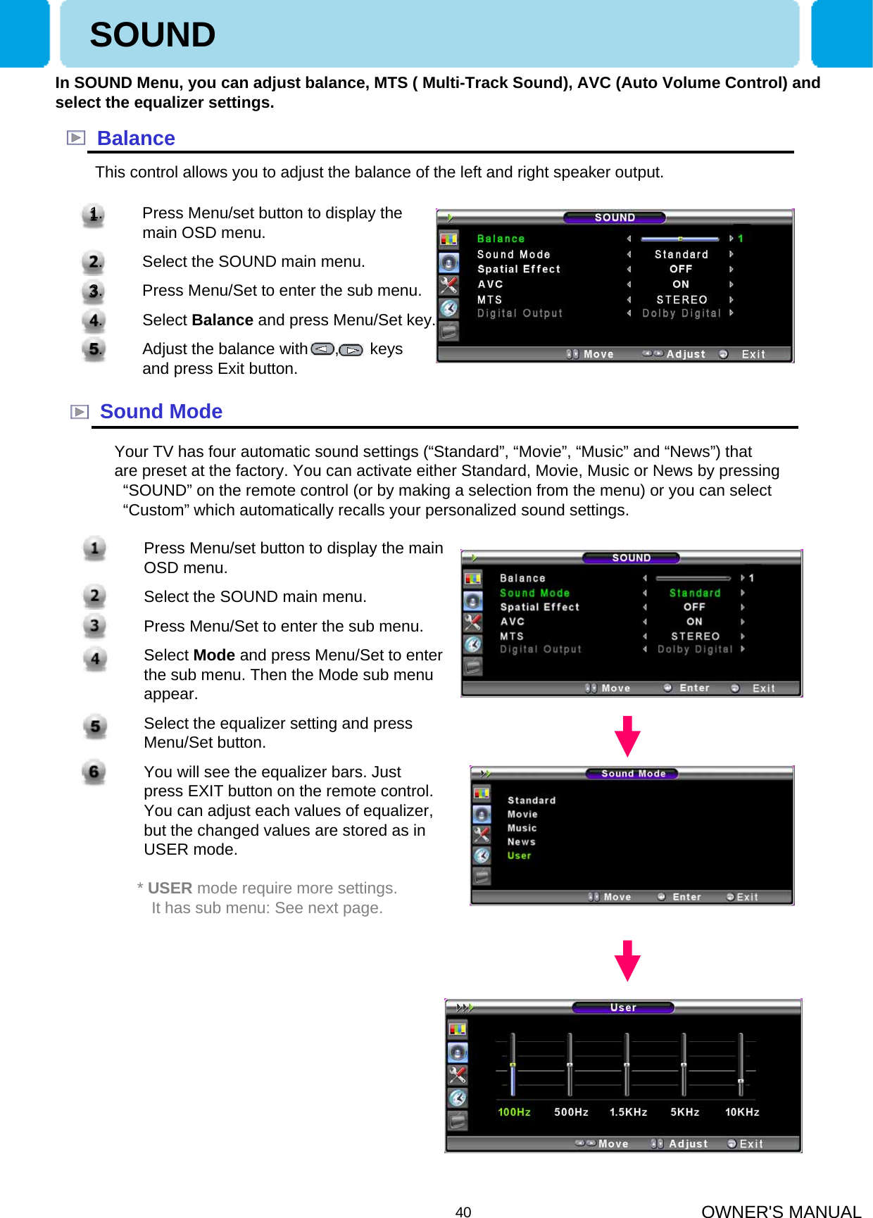 OWNER&apos;S MANUAL40In SOUND Menu, you can adjust balance, MTS ( Multi-Track Sound), AVC (Auto Volume Control) and select the equalizer settings.BalanceThis control allows you to adjust the balance of the left and right speaker output.Sound ModeYour TV has four automatic sound settings (“Standard”, “Movie”, “Music” and “News”) that  are preset at the factory. You can activate either Standard, Movie, Music or News by pressing “SOUND” on the remote control (or by making a selection from the menu) or you can select “Custom” which automatically recalls your personalized sound settings.1. Press Menu/set button to display the main OSD menu.2. Select the SOUND main menu.3. Press Menu/Set to enter the sub menu.4. Select Mode and press Menu/Set to enter the sub menu. Then the Mode sub menu appear.5. Select the equalizer setting and press Menu/Set button.6. You will see the equalizer bars. Just press EXIT button on the remote control. You can adjust each values of equalizer, but the changed values are stored as in USER mode.* USER mode require more settings.It has sub menu: See next page.SOUND1. Press Menu/set button to display the main OSD menu.2. Select the SOUND main menu.3. Press Menu/Set to enter the sub menu.4. Select Balance and press Menu/Set key.5. Adjust the balance with      ,       keys and press Exit button.