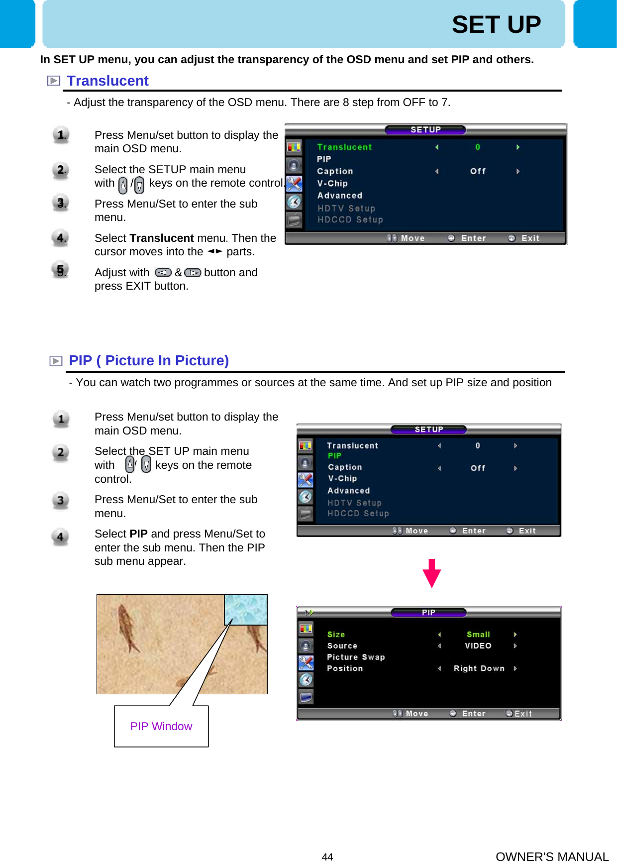 OWNER&apos;S MANUAL441. Press Menu/set button to display the main OSD menu.2. Select the SET UP main menu     with      /      keys on the remote control.3. Press Menu/Set to enter the sub menu.4. Select PIP and press Menu/Set to enter the sub menu. Then the PIP sub menu appear.In SET UP menu, you can adjust the transparency of the OSD menu and set PIP and others. Translucent- Adjust the transparency of the OSD menu. There are 8 step from OFF to 7.PIP ( Picture In Picture)- You can watch two programmes or sources at the same time. And set up PIP size and position PIP WindowSET UP1. Press Menu/set button to display the main OSD menu.2. Select the SETUP main menu       with     /     keys on the remote control.3. Press Menu/Set to enter the sub menu.4. Select Translucent menu.Then the cursor moves into the ◄► parts. 5. Adjust with        &amp;       button and press EXIT button.