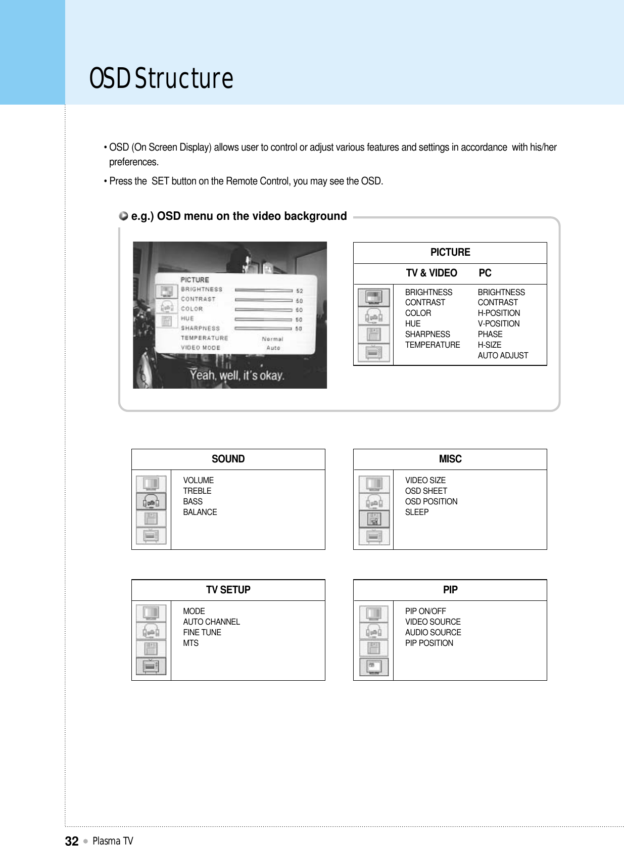 OSD StructurePlasma TV32• OSD (On Screen Display) allows user to control or adjust various features and settings in accordance  with his/herpreferences.• Press the  SET button on the Remote Control, you may see the OSD.e.g.) OSD menu on the video backgroundPICTURETV &amp; VIDEOBRIGHTNESSCONTRASTCOLORHUESHARPNESSTEMPERATUREPCBRIGHTNESSCONTRASTH-POSITIONV-POSITIONPHASEH-SIZEAUTO ADJUSTMISCVIDEO SIZE OSD SHEET OSD POSITIONSLEEPSOUNDVOLUMETREBLEBASSBALANCEPIPPIP ON/OFFVIDEO SOURCEAUDIO SOURCEPIP POSITIONTV SETUPMODEAUTO CHANNEL FINE TUNE MTS