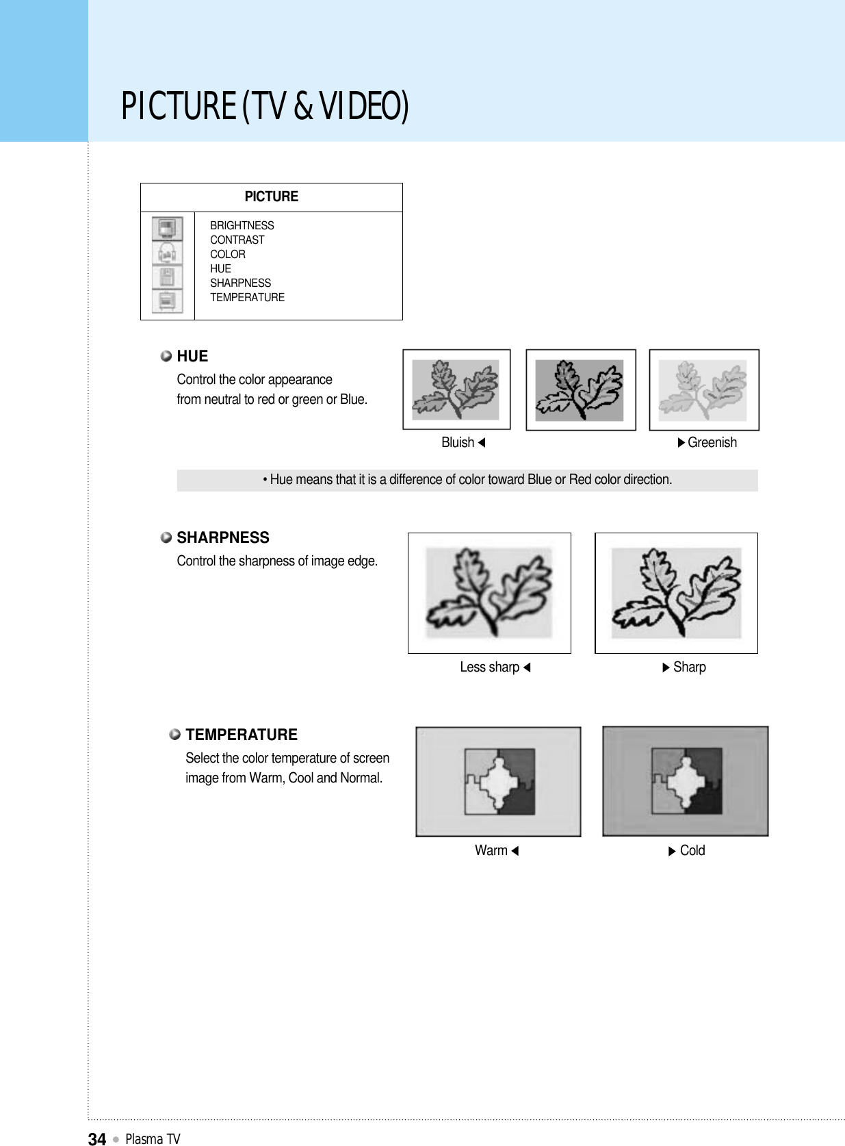 PICTURE (TV &amp; VIDEO)Plasma TV34PICTUREBRIGHTNESSCONTRASTCOLORHUESHARPNESSTEMPERATUREBluish Greenish• Hue means that it is a difference of color toward Blue or Red color direction.Less sharp SharpWarm ColdControl the color appearance from neutral to red or green or Blue.HUEControl the sharpness of image edge.SHARPNESSSelect the color temperature of screenimage from Warm, Cool and Normal.TEMPERATURE