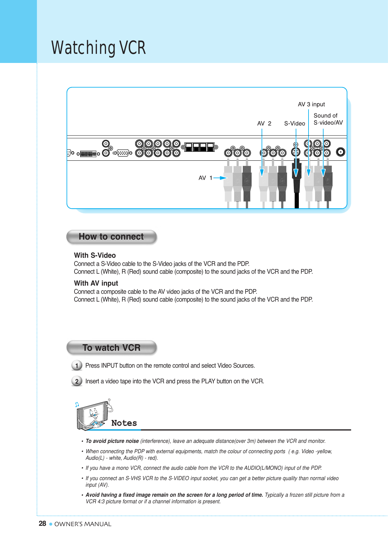 Watching VCR28 OWNER&apos;S MANUALPress INPUT button on the remote control and select Video Sources.  Insert a video tape into the VCR and press the PLAY button on the VCR. With S-VideoConnect a S-Video cable to the S-Video jacks of the VCR and the PDP.Connect L (White), R (Red) sound cable (composite) to the sound jacks of the VCR and the PDP.With AV inputConnect a composite cable to the AV video jacks of the VCR and the PDP.Connect L (White), R (Red) sound cable (composite) to the sound jacks of the VCR and the PDP.How to connect12To watch VCR•To avoid picture noise (interference), leave an adequate distance(over 3m) between the VCR and monitor.•  When connecting the PDP with external equipments, match the colour of connecting ports  ( e.g. Video -yellow, Audio(L) - white, Audio(R) - red).•If you have a mono VCR, connect the audio cable from the VCR to the AUDIO(L/MONO) input of the PDP.•  If you connect an S-VHS VCR to the S-VIDEO input socket, you can get a better picture quality than normal video input (AV).•Avoid having a fixed image remain on the screen for a long period of time. Typically a frozen still picture from a VCR 4:3 picture format or if a channel information is present.
