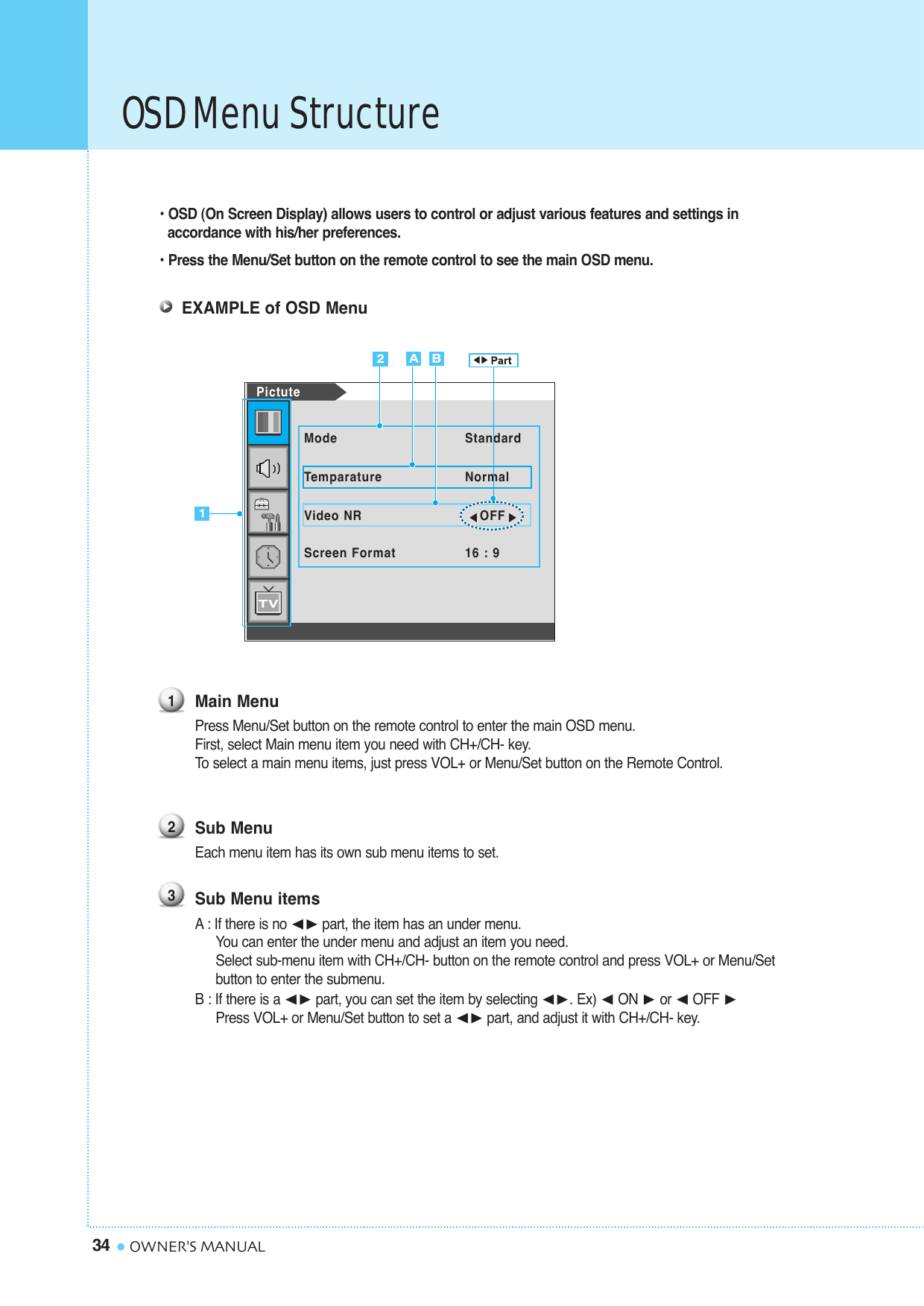 OSD Menu Structure34 OWNER&apos;S MANUAL• OSD (On Screen Display) allows users to control or adjust various features and settings in accordance with his/her preferences.• Press the Menu/Set button on the remote control to see the main OSD menu.EXAMPLE of OSD MenuMain MenuPress Menu/Set button on the remote control to enter the main OSD menu.First, select Main menu item you need with CH+/CH- key.To  select a main menu items, just press VOL+ or Menu/Set button on the Remote Control.Sub MenuEach menu item has its own sub menu items to set.Sub Menu itemsA: If there is no ¥part, the item has an under menu.You can enter the under menu and adjust an item you need.Select sub-menu item with CH+/CH- button on the remote control and press VOL+ or Menu/Set button to enter the submenu.B : If there is a ¥part, you can set the item by selecting ¥. Ex) ¥ON or ¥OFF Press VOL+ or Menu/Set button to set a ¥part, and adjust it with CH+/CH- key.123ModeTemparatureVideo NRScreen FormatStandardNormalOFF16 : 9Pictute