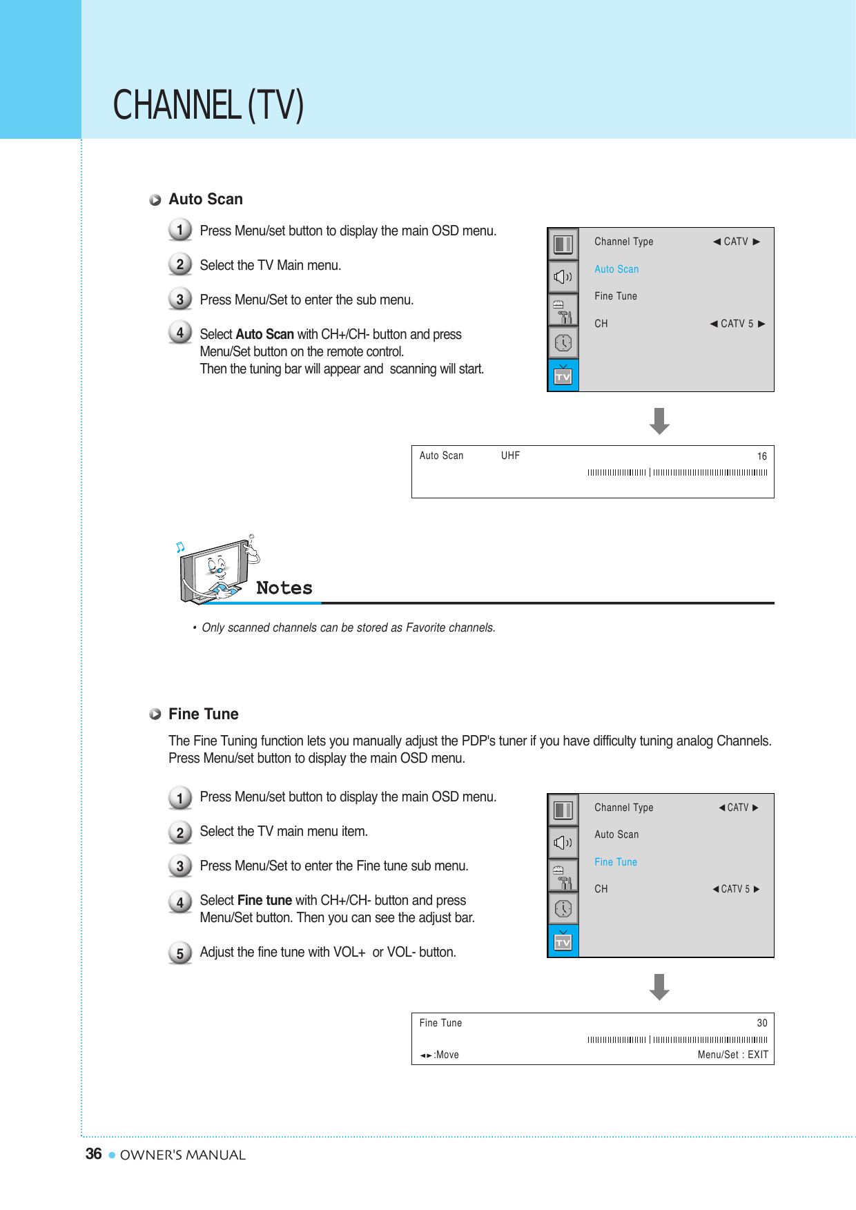 Auto ScanPress Menu/set button to display the main OSD menu. Select the TV Main menu.Press Menu/Set to enter the sub menu. Select Auto Scan with CH+/CH- buttonand press Menu/Set buttonon the remote control. Then the tuning bar will appear and  scanning will start.Fine TuneThe Fine Tuning function lets you manually adjust the PDP&apos;s tuner if you have difficulty tuning analog Channels.Press Menu/set button to display the main OSD menu.Press Menu/set button to display the main OSD menu. Select the TV main menu item.Press Menu/Set to enter the Fine tune sub menu.Select Fine tune with CH+/CH- button and press Menu/Set button. Then you can see the adjust bar.Adjust the fine tune with VOL+  or VOL- button.CHANNEL (TV)36 OWNER&apos;S MANUAL1234Auto Scan            UHF 16•Only scanned channels can be stored as Favorite channels.12345Fine Tune 30:Move Menu/Set : EXITChannel Type¥CATV Auto ScanFine TuneCH¥CATV 5 Channel Type¥CATV Auto ScanFine TuneCH¥CATV 5 