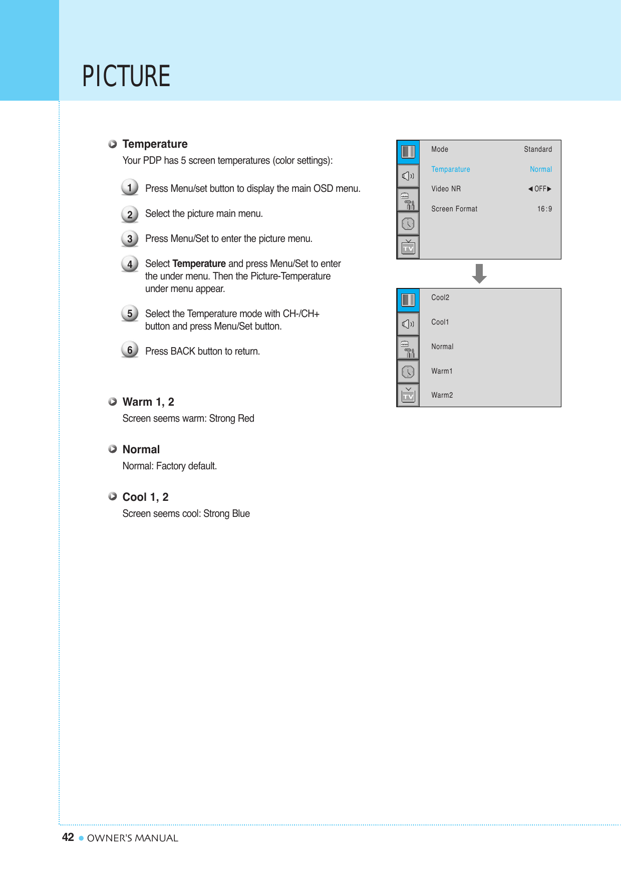 PICTURE42 OWNER&apos;S MANUALTemperatureYour PDP has 5 screen temperatures (color settings): Press Menu/set button to display the main OSD menu.Select the picture main menu.Press Menu/Set to enter the picture menu.Select Temperature and press Menu/Set to enterthe under menu. Then the Picture-Temperature under menu appear.Select the Temperature mode with CH-/CH+  button and press Menu/Set button.Press BACK button to return. Warm 1, 2Screen seems warm: Strong RedNormalNormal: Factory default.Cool 1, 2Screen seems cool: Strong Blue123456ModeTemparatureVideo NRScreen FormatStandardNormal¥OFF16: 9Cool2Cool1NormalWarm1Warm2