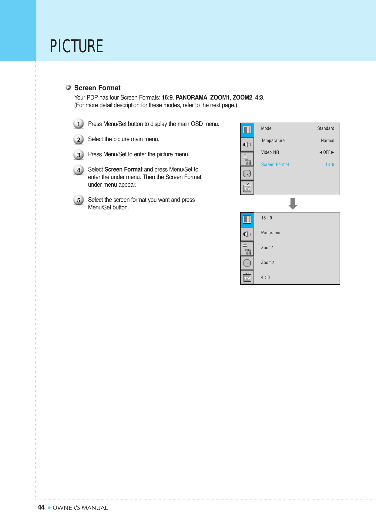 PICTURE44 OWNER&apos;S MANUALScreen FormatYour PDP has four Screen Formats: 16:9, PANORAMA, ZOOM1, ZOOM2, 4:3.(For more detail description for these modes, refer to the next page.)Press Menu/Set button to display the main OSD menu.Select the picture main menu. Press Menu/Set to enter the picture menu. Select Screen Format and press Menu/Set to enter the under menu. Then the Screen Format under menu appear.Select the screen format you want and press Menu/Set button.12345ModeTemparatureVideo NRScreen FormatStandardNormal¥OFF 16: 916 : 9PanoramaZoom1Zoom24 : 3