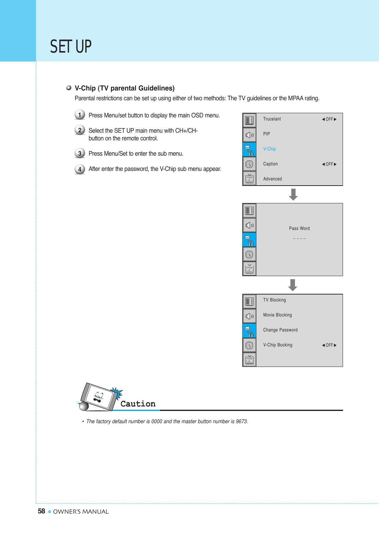 SET UP58 OWNER&apos;S MANUALV-Chip (TV parental Guidelines)Parental restrictions can be set up using either of two methods: The TV guidelines or the MPAA rating.Press Menu/set button to display the main OSD menu.Select the SET UP main menu with CH+/CH- button on the remote control.Press Menu/Set to enter the sub menu.After enter the password, the V-Chip sub menu appear.1234•The factory default number is 0000 and the master button number is 9673.TrucelantPIPV-ChipCaptionAdvanced¥OFF ¥OFF TV BlockingMovie BlockingChange PasswordV-Chip Bocking¥OFF Pass Word____