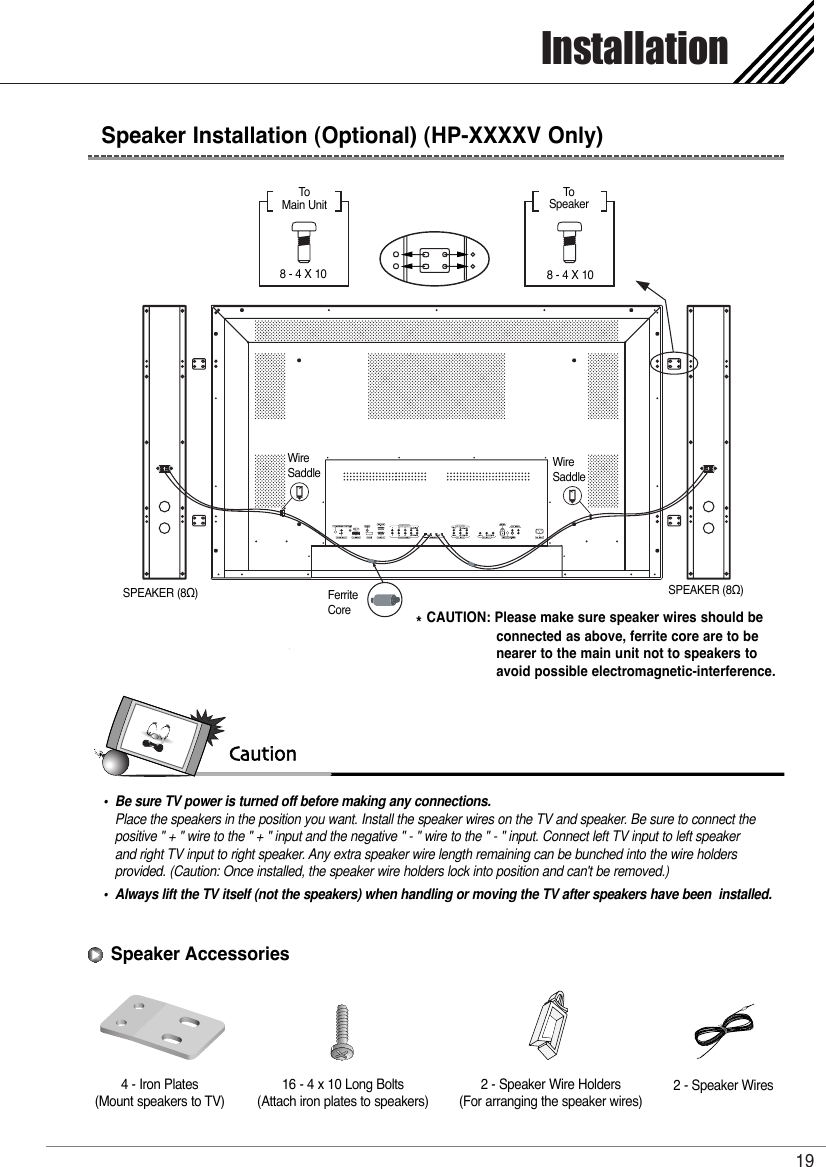 Installation19Speaker Installation (Optional) (HP-XXXXV Only)* CAUTION: Please make sure speaker wires should be connected as above, ferrite core are to be nearer to the main unit not to speakers to avoid possible electromagnetic-interference.Caution•  Be sure TV power is turned off before making any connections.Place the speakers in the position you want. Install the speaker wires on the TV and speaker. Be sure to connect the positive &quot; + &quot; wire to the &quot; + &quot; input and the negative &quot; - &quot; wire to the &quot; - &quot; input. Connect left TV input to left speaker and right TV input to right speaker. Any extra speaker wire length remaining can be bunched into the wire holders  provided. (Caution: Once installed, the speaker wire holders lock into position and can&apos;t be removed.)•Always lift the TV itself (not the speakers) when handling or moving the TV after speakers have been  installed.4 - Iron Plates(Mount speakers to TV)16 - 4 x 10 Long Bolts(Attach iron plates to speakers)2 - Speaker Wires2 - Speaker Wire Holders(For arranging the speaker wires)Speaker AccessoriesSPEAKER (8Ω)SPEAKER (8Ω)FerriteCoreWireSaddle WireSaddleToMain UnitToSpeaker8 - 4 X 10 8 - 4 X 10