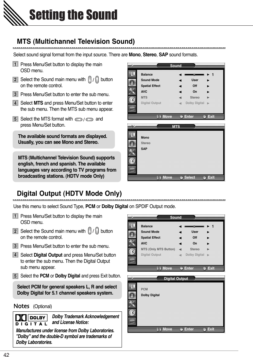 Setting the Sound42Select sound signal format from the input source. There are Mono, Stereo, SAP sound formats.Press Menu/Set button to display the main OSD menu.Select the Sound main menu with            button on the remote control.Press Menu/Set button to enter the sub menu. Select MTS and press Menu/Set button to enter the sub menu. Then the MTS sub menu appear.Select the MTS format with                  and  press Menu/Set button.Use this menu to select Sound Type, PCM or Dolby Digital on SPDIF Output mode.Press Menu/Set button to display the main OSD menu.Select the Sound main menu with            button on the remote control.Press Menu/Set button to enter the sub menu. Select Digital Output and press Menu/Set button  to enter the sub menu. Then the Digital Output  sub menu appear.Select the PCM or Dolby Digital and press Exit button.MTS (Multichannel Television Sound)Digital Output (HDTV Mode Only)12345Notes(Optional)The available sound formats are displayed. Usually, you can see Mono and Stereo.MTS (Multichannel Television Sound) supportsenglish, french and spanish. The available languages vary according to TV programs frombroadcasting stations. (HDTV mode Only)12345SoundBalanceSound ModeSpatial EffectAVCMTSDigital OutputUserOffOnStereoDolby Digital1¥¥¥¥¥¥Move           Enter         ExitMonoStereoSAPMove           Select            ExitMTSSoundBalanceSound ModeSpatial EffectAVCMTS (Only MTS Button)Digital OutputUserOffOnStereoDolby Digital1¥¥¥¥¥¥Move           Enter         ExitPCMDolby DigitalMove           Enter             ExitDigital OutputDolby Trademark Acknowledgement and License Notice:Manufactures under license from Dolby Laboratories.&quot;Dolby&quot; and the double-D symbol are trademarks of Dolby Laboratories.Select PCM for general speakers L, R and select Dolby Digital for 5.1 channel speakers system.