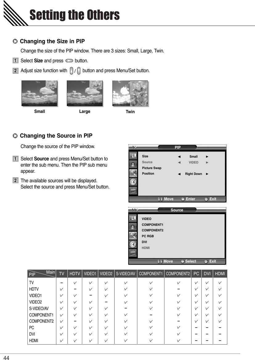 Setting the Others44Change the size of the PIP window. There are 3 sizes: Small, Large, Twin.Select Size and press         button.Adjust size function with            button and press Menu/Set button. Change the source of the PIP window.Select Source and press Menu/Set button to  enter the sub menu. Then the PIP sub menu appear.The available sources will be displayed.Select the source and press Menu/Set button.1212Changing the Size in PIPChanging the Source in PIPSmall Large TwinPIPSizeSourcePicture SwapPositionSmallVIDEORight Down¥¥¥Move           Enter         ExitSourceVIDEOCOMPONENT1COMPONENT2PC RGBDVIHDMIMove           Select        ExitTVHDTVVIDEO1VIDEO2S-VIDEO/AVCOMPONENT1COMPONENT2 PCDVIHDMIMain TVPIPHDTVVIDEO1 S-VIDEO/AV COMPONENT1 COMPONENT2PC DVIHDMIVIDEO2––––––––––––––––––