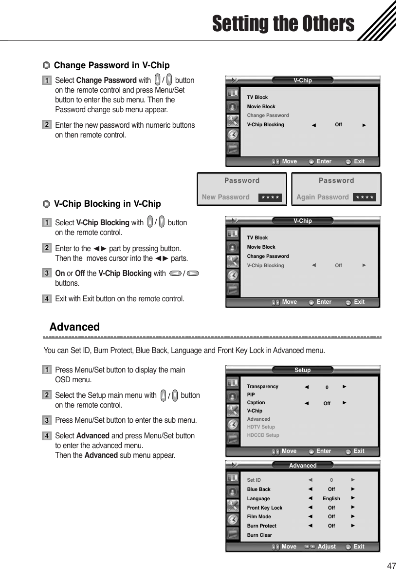 Select Change Password with            button on the remote control and press Menu/Set button to enter the sub menu. Then the Password change sub menu appear.Enter the new password with numeric buttons on then remote control.Select V-Chip Blocking with            button on the remote control.Enter to the ¥ part by pressing button. Then the  moves cursor into the ¥ parts.On or Off the V-Chip Blocking with                  buttons.Exit with Exit button on the remote control.You can Set ID, Burn Protect, Blue Back, Language and Front Key Lock in Advanced menu.Press Menu/Set button to display the main OSD menu.Select the Setup main menu with            button on the remote control.Press Menu/Set button to enter the sub menu. Select Advanced and press Menu/Set button to enter the advanced menu.  Then the Advanced sub menu appear.Setting the Others47Advanced123412Change Password in V-Chip1234V-Chip Blocking in V-ChipV-ChipTV BlockMovie BlockChange PasswordV-Chip Blocking Off¥Move           Enter         ExitV-ChipTV BlockMovie BlockChange PasswordV-Chip Blocking Off¥Move           Enter         ExitPasswordNew Password****PasswordAgain Password****SetupTransparencyPIPCaptionV-ChipAdvancedHDTV SetupHDCCD Setup0Off¥¥Move           Enter         ExitAdvancedSet IDBlue BackLanguageFront Key LockFilm ModeBurn ProtectBurn Clear0OffEnglishOffOffOff¥¥¥¥¥¥Move           Adjust          Exit