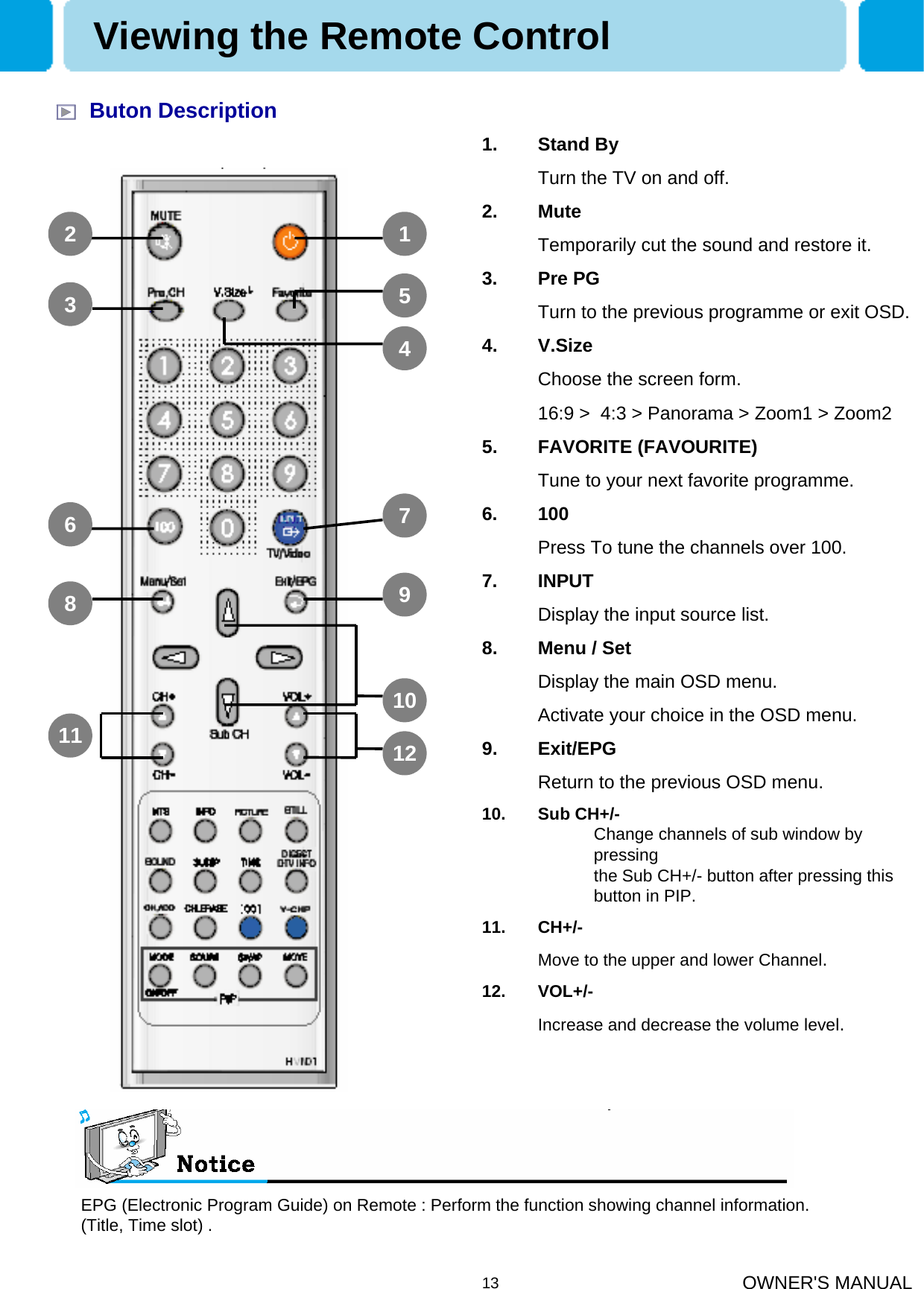 OWNER&apos;S MANUAL131. Stand ByTurn the TV on and off.2. MuteTemporarily cut the sound and restore it.3. Pre PGTurn to the previous programme or exit OSD.4. V.SizeChoose the screen form.16:9 &gt;  4:3 &gt; Panorama &gt; Zoom1 &gt; Zoom25. FAVORITE (FAVOURITE)Tune to your next favorite programme.6. 100Press To tune the channels over 100. 7. INPUTDisplay the input source list.8. Menu / SetDisplay the main OSD menu.Activate your choice in the OSD menu.9. Exit/EPGReturn to the previous OSD menu.           10. Sub CH+/-Change channels of sub window by pressing the Sub CH+/- button after pressing this button in PIP.11. CH+/-Move to the upper and lower Channel.12. VOL+/-Increase and decrease the volume level.Buton DescriptionViewing the Remote Control123685479101211EPG (Electronic Program Guide) on Remote : Perform the function showing channel information. (Title, Time slot) .