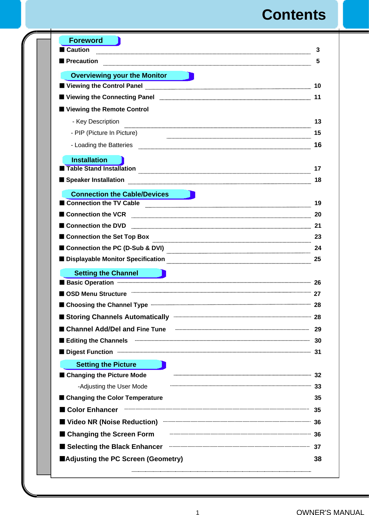 OWNER&apos;S MANUAL1■Caution                                                          3■Precaution  5■Viewing the Control Panel 10■Viewing the Connecting Panel 11■Viewing the Remote Control- Key Description 13- PIP (Picture In Picture) 15- Loading the Batteries 16■Table Stand Installation 17■Speaker Installation 18■Connection the TV Cable 19■Connection the VCR 20■Connection the DVD 21■Connection the Set Top Box 23■Connection the PC (D-Sub &amp; DVI) 24■Displayable Monitor Specification 25 ■Basic Operation 26■OSD Menu Structure 27■Choosing the Channel Type 28■Storing Channels Automatically 28■Channel Add/Del and Fine Tune 29■Editing the Channels 30■Digest Function 31■Changing the Picture Mode 32-Adjusting the User Mode 33■Changing the Color Temperature 35■Color Enhancer 35■Video NR (Noise Reduction) 36■Changing the Screen Form 36■Selecting the Black Enhancer 37■Adjusting the PC Screen (Geometry)   38ForewordOverviewing your the MonitorInstallationConnection the Cable/DevicesSetting the ChannelSetting the PictureContents