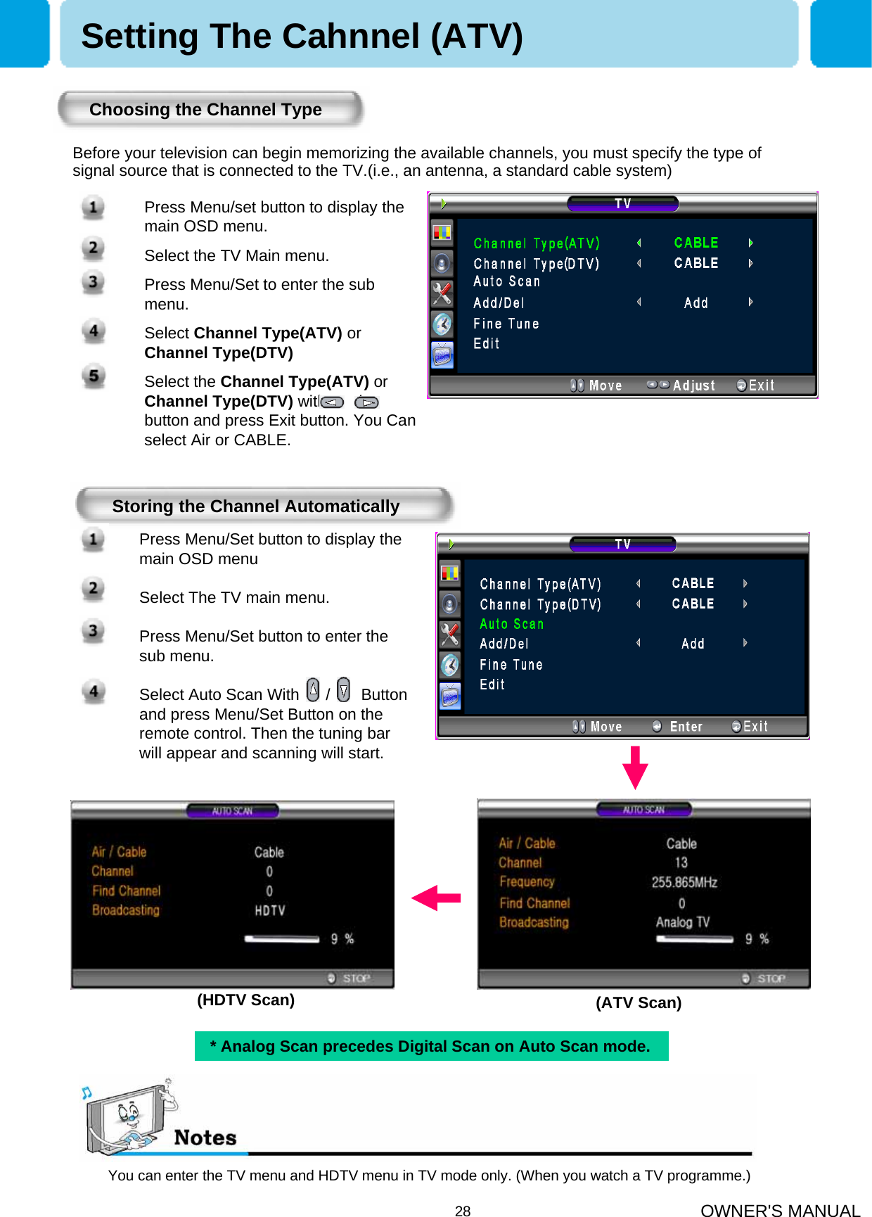 OWNER&apos;S MANUAL28You can enter the TV menu and HDTV menu in TV mode only. (When you watch a TV programme.)Choosing the Channel TypeBefore your television can begin memorizing the available channels, you must specify the type of signal source that is connected to the TV.(i.e., an antenna, a standard cable system)Setting The Cahnnel (ATV)Storing the Channel Automatically* Analog Scan precedes Digital Scan on Auto Scan mode.Press Menu/Set button to display the main OSD menuSelect The TV main menu.Press Menu/Set button to enter the sub menu.Select Auto Scan With      /       Button and press Menu/Set Button on the remote control. Then the tuning bar will appear and scanning will start.1. Press Menu/set button to display the main OSD menu.2. Select the TV Main menu.3. Press Menu/Set to enter the sub menu.4. Select Channel Type(ATV) or Channel Type(DTV)5. Select the Channel Type(ATV) or Channel Type(DTV) with       /      button and press Exit button. You Can select Air or CABLE.(ATV Scan)(HDTV Scan)