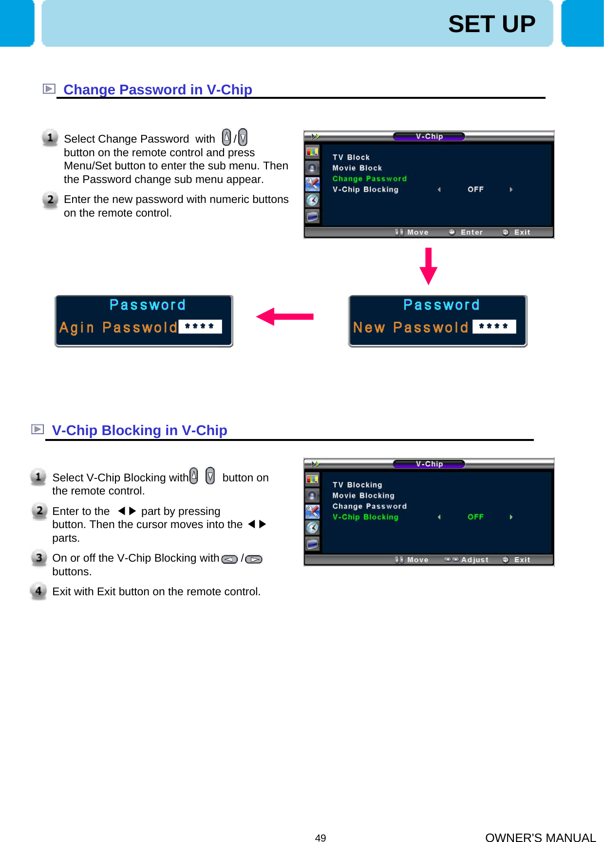 OWNER&apos;S MANUAL49Change Password in V-ChipSET UPSelect Change Password  with      /       button on the remote control and press Menu/Set button to enter the sub menu. Then the Password change sub menu appear.Enter the new password with numeric buttons on the remote control.V-Chip Blocking in V-ChipSelect V-Chip Blocking with      /    button on the remote control.Enter to the  ◀▶ part by pressing        button. Then the cursor moves into the ◀▶parts.On or off the V-Chip Blocking with       /      buttons.Exit with Exit button on the remote control.