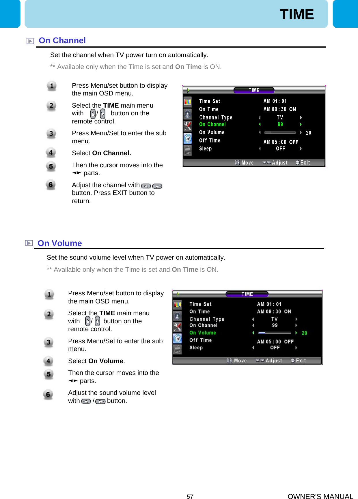 OWNER&apos;S MANUAL571. Press Menu/set button to display the main OSD menu.2. Select the TIME main menu  with       /       button on the remote control.3. Press Menu/Set to enter the sub menu.4. Select On Channel.5. Then the cursor moves into the ◄► parts.6. Adjust the channel with     ,    button. Press EXIT button to return.1. Press Menu/set button to display the main OSD menu.2. Select the TIME main menu  with      /      button on the remote control.3. Press Menu/Set to enter the sub menu.4. Select On Volume. 5. Then the cursor moves into the ◄► parts.6. Adjust the sound volume level with       /       button.On VolumeOn ChannelSet the channel when TV power turn on automatically.** Available only when the Time is set and On Time is ON.Set the sound volume level when TV power on automatically.** Available only when the Time is set and On Time is ON.TIME