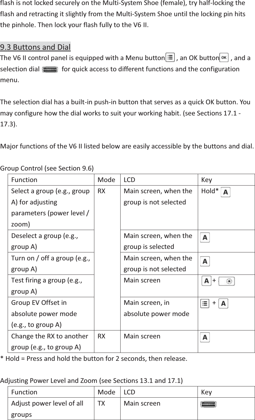 flash is not locked securely on the Multi-System Shoe (female), try half-locking the flash and retracting it slightly from the Multi-System Shoe until the locking pin hits the pinhole. Then lock your flash fully to the V6 II.  9.3 Buttons and DialThe V6 II control panel is equipped with a Menu button      , an OK button      , and a selection dial            for quick access to different functions and the configuration menu.  The selection dial has a built-in push-in button that serves as a quick OK button. You may configure how the dial works to suit your working habit. (see Sections 17.1 - 17.3).  Major functions of the V6 II listed below are easily accessible by the buttons and dial.  Group Control (see Section 9.6) Function Mode LCD Key Select a group (e.g., group A) for adjusting parameters (power level / zoom) RX Main screen, when the group is not selected Hold*  Deselect a group (e.g., group A) Main screen, when the group is selected  Turn on / off a group (e.g., group A) Main screen, when the group is not selected  Test firing a group (e.g., group A) Main screen      + Group EV Offset in absolute power mode (e.g., to group A) Main screen, in absolute power mode      + Change the RX to another group (e.g., to group A) RX Main screen  * Hold = Press and hold the button for 2 seconds, then release.  Adjusting Power Level and Zoom (see Sections 13.1 and 17.1) Function Mode LCD Key Adjust power level of all groups TX Main screen  
