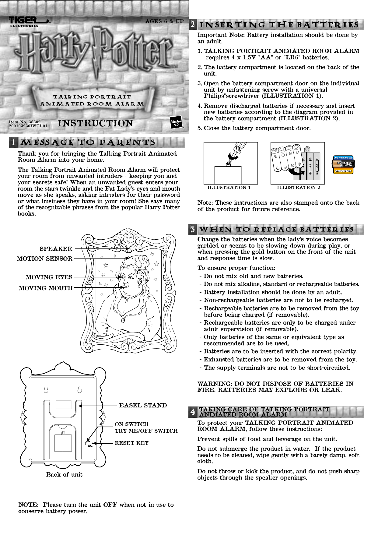 Page 1 of 2 - Hasbro Harry Potter Talking Portrait Room Alarm User Manual  To The 478c3016-17cc-4e49-8b72-7a21d1b722f2