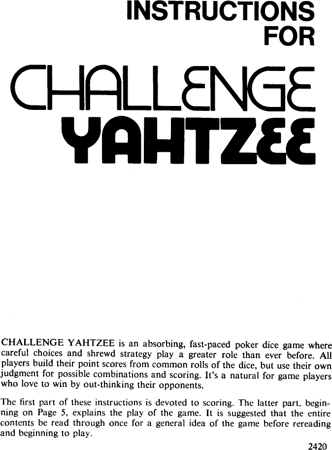 Page 1 of 7 - Hasbro Hasbro-Challenge-Yahtzee-Users-Manual-  Hasbro-challenge-yahtzee-users-manual