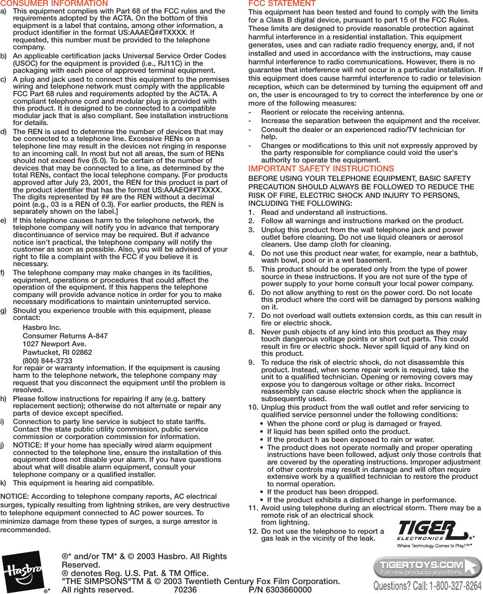 Page 4 of 4 - Hasbro Hasbro-The-Simpsons-70236-Users-Manual- 70236_SimpsonPhone  Hasbro-the-simpsons-70236-users-manual