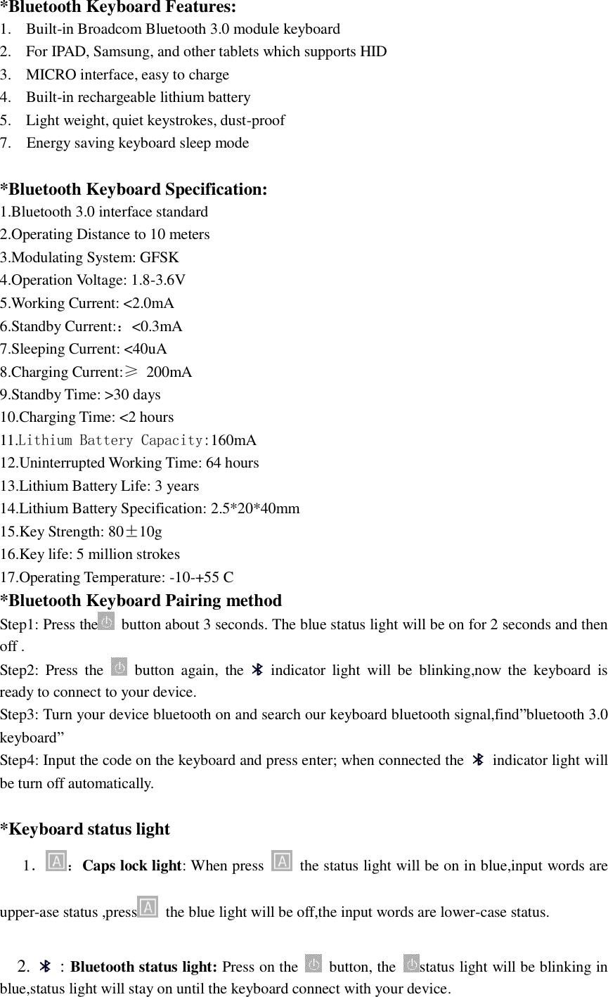 Hastech Technology HB030B Bluetooth Keyboard User Manual