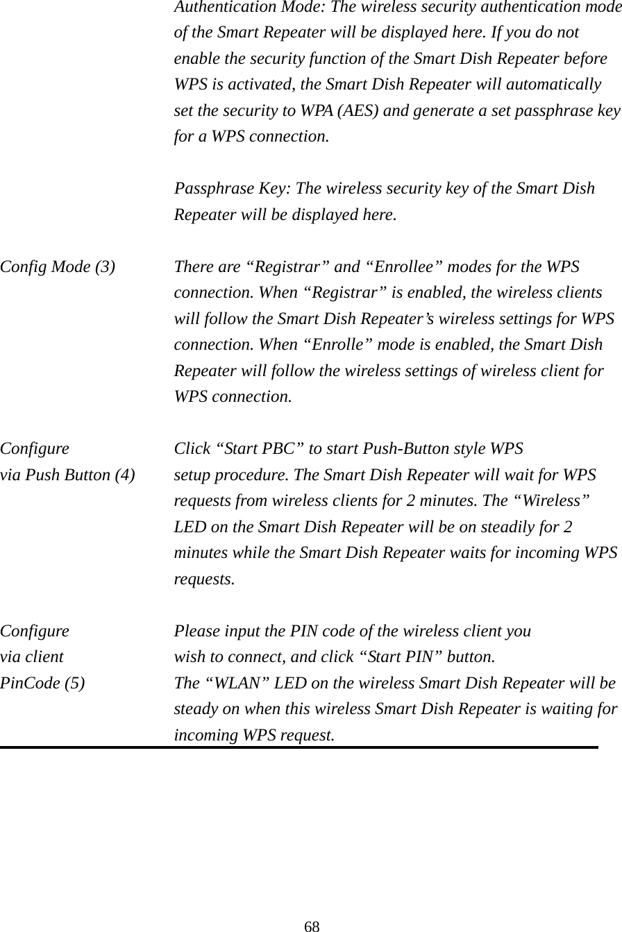 68  Authentication Mode: The wireless security authentication mode of the Smart Repeater will be displayed here. If you do not enable the security function of the Smart Dish Repeater before WPS is activated, the Smart Dish Repeater will automatically set the security to WPA (AES) and generate a set passphrase key for a WPS connection.  Passphrase Key: The wireless security key of the Smart Dish Repeater will be displayed here.  Config Mode (3)  There are “Registrar” and “Enrollee” modes for the WPS connection. When “Registrar” is enabled, the wireless clients will follow the Smart Dish Repeater’s wireless settings for WPS connection. When “Enrolle” mode is enabled, the Smart Dish Repeater will follow the wireless settings of wireless client for WPS connection.  Configure      Click “Start PBC” to start Push-Button style WPS via Push Button (4)  setup procedure. The Smart Dish Repeater will wait for WPS requests from wireless clients for 2 minutes. The “Wireless” LED on the Smart Dish Repeater will be on steadily for 2 minutes while the Smart Dish Repeater waits for incoming WPS requests.  Configure      Please input the PIN code of the wireless client you via client       wish to connect, and click “Start PIN” button. PinCode (5)  The “WLAN” LED on the wireless Smart Dish Repeater will be steady on when this wireless Smart Dish Repeater is waiting for incoming WPS request.   