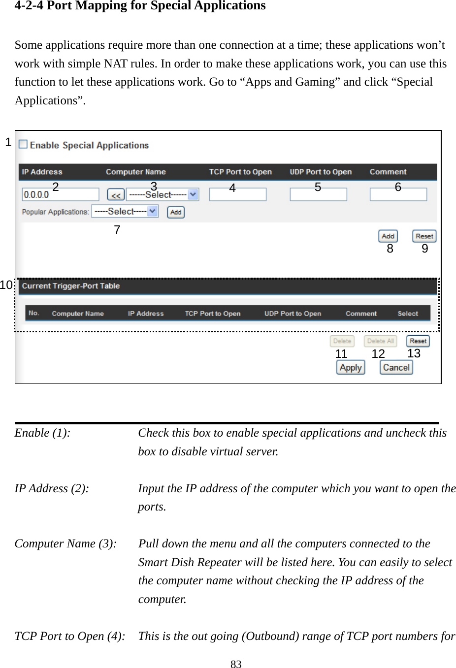 83 4-2-4 Port Mapping for Special Applications  Some applications require more than one connection at a time; these applications won’t work with simple NAT rules. In order to make these applications work, you can use this function to let these applications work. Go to “Apps and Gaming” and click “Special Applications”.     Enable (1):  Check this box to enable special applications and uncheck this box to disable virtual server.  IP Address (2):    Input the IP address of the computer which you want to open the ports.  Computer Name (3):  Pull down the menu and all the computers connected to the Smart Dish Repeater will be listed here. You can easily to select the computer name without checking the IP address of the computer.  TCP Port to Open (4):    This is the out going (Outbound) range of TCP port numbers for 1 2  3  4  5 8 9 10 11 12 7 6 13 