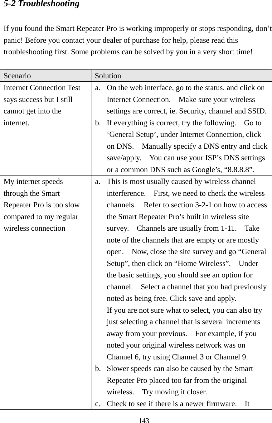 143 5-2 Troubleshooting  If you found the Smart Repeater Pro is working improperly or stops responding, don’t panic! Before you contact your dealer of purchase for help, please read this troubleshooting first. Some problems can be solved by you in a very short time!  Scenario  Solution Internet Connection Test says success but I still cannot get into the internet. a. On the web interface, go to the status, and click on Internet Connection.    Make sure your wireless settings are correct, ie. Security, channel and SSID. b. If everything is correct, try the following.    Go to ‘General Setup’, under Internet Connection, click on DNS.    Manually specify a DNS entry and click save/apply.    You can use your ISP’s DNS settings or a common DNS such as Google’s, “8.8.8.8”.     My internet speeds through the Smart Repeater Pro is too slow compared to my regular wireless connection   a. This is most usually caused by wireless channel interference.    First, we need to check the wireless channels.    Refer to section 3-2-1 on how to access the Smart Repeater Pro’s built in wireless site survey.    Channels are usually from 1-11.    Take note of the channels that are empty or are mostly open.    Now, close the site survey and go “General Setup”, then click on “Home Wireless”.    Under the basic settings, you should see an option for channel.    Select a channel that you had previously noted as being free. Click save and apply. If you are not sure what to select, you can also try just selecting a channel that is several increments away from your previous.    For example, if you noted your original wireless network was on Channel 6, try using Channel 3 or Channel 9. b. Slower speeds can also be caused by the Smart Repeater Pro placed too far from the original wireless.    Try moving it closer. c. Check to see if there is a newer firmware.    It 