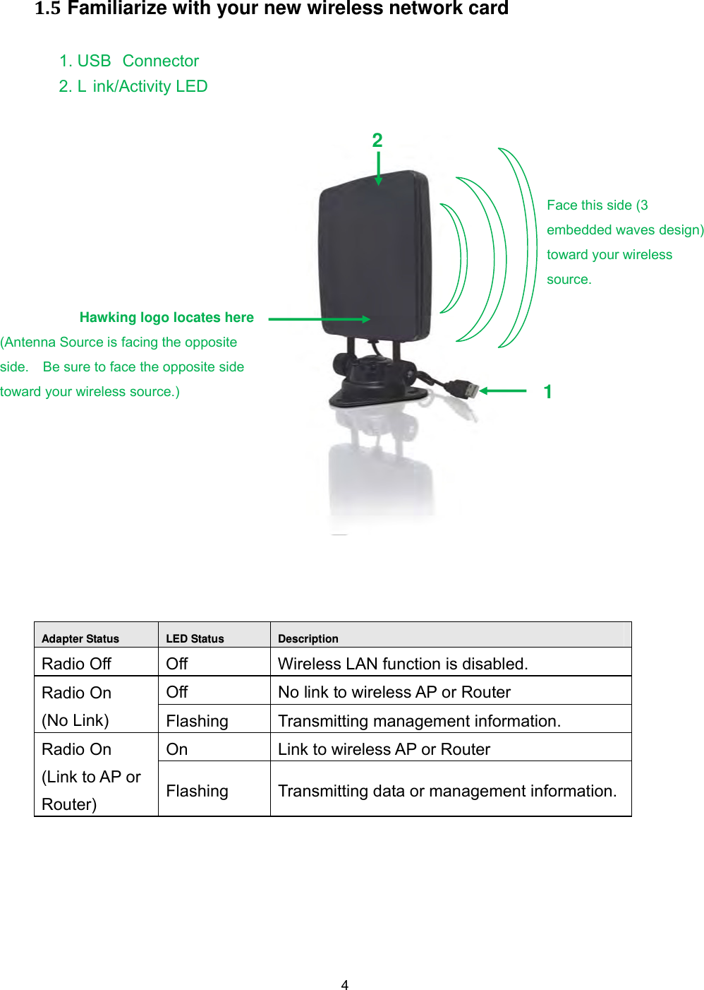  4 1.5 Familiarize with your new wireless network card  1. USB  Connector 2. L ink/Activity LED      Adapter Status  LED Status  Description Radio Off  Off  Wireless LAN function is disabled. Radio On (No Link) Off  No link to wireless AP or Router Flashing  Transmitting management information. Radio On (Link to AP or Router) On  Link to wireless AP or Router Flashing  Transmitting data or management information.  1 2Hawking logo locates here (Antenna Source is facing the opposite side.    Be sure to face the opposite side toward your wireless source.) Face this side (3 embedded waves design) toward your wireless source. 